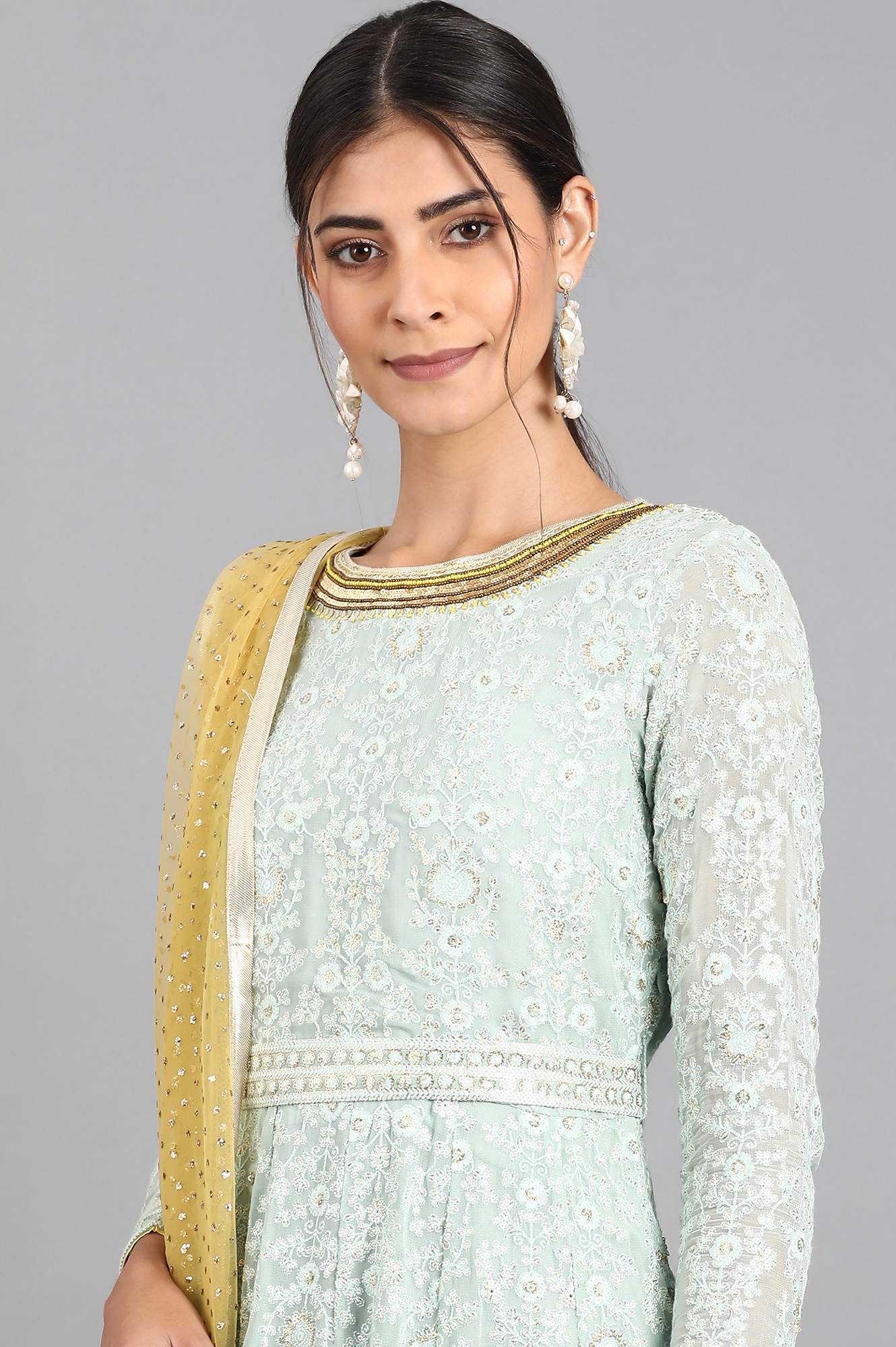 Sea Green Round Neck Embroidered Set