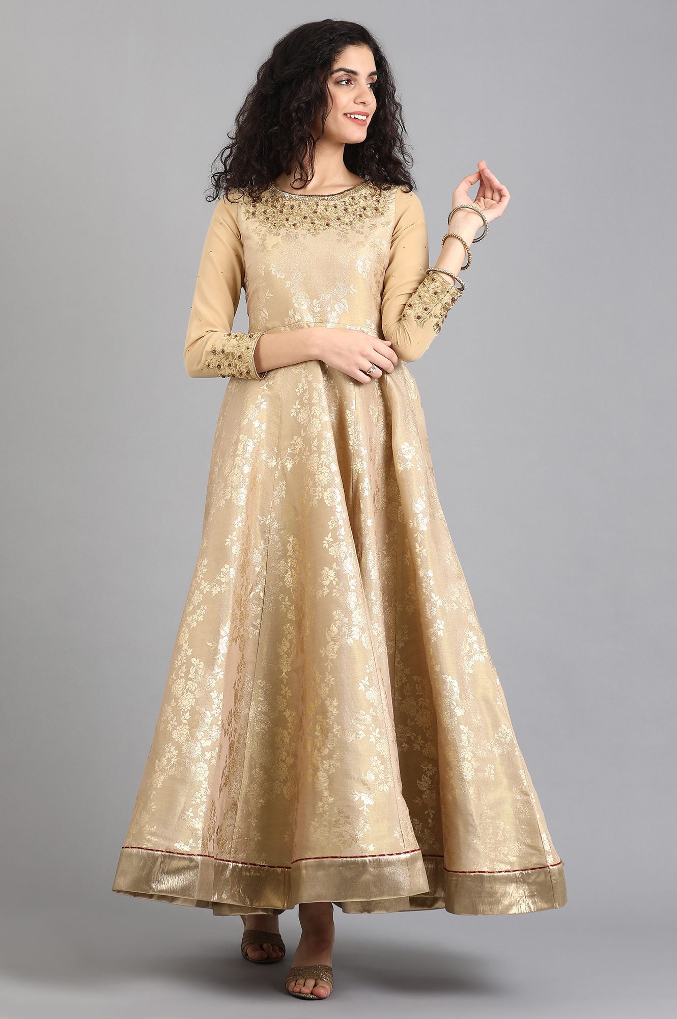 Beige Round Neck Printed Gown