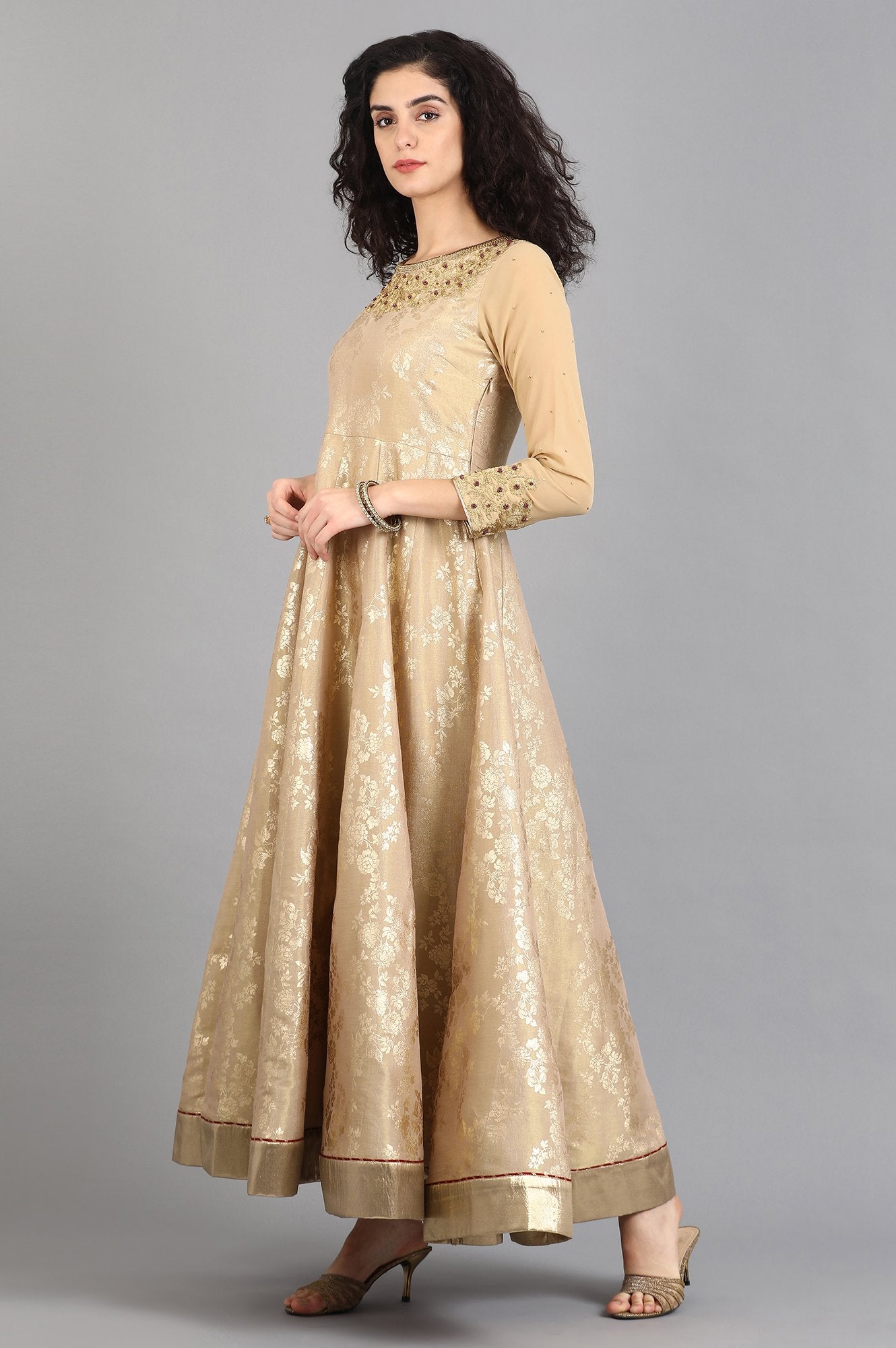 Beige Round Neck Printed Gown