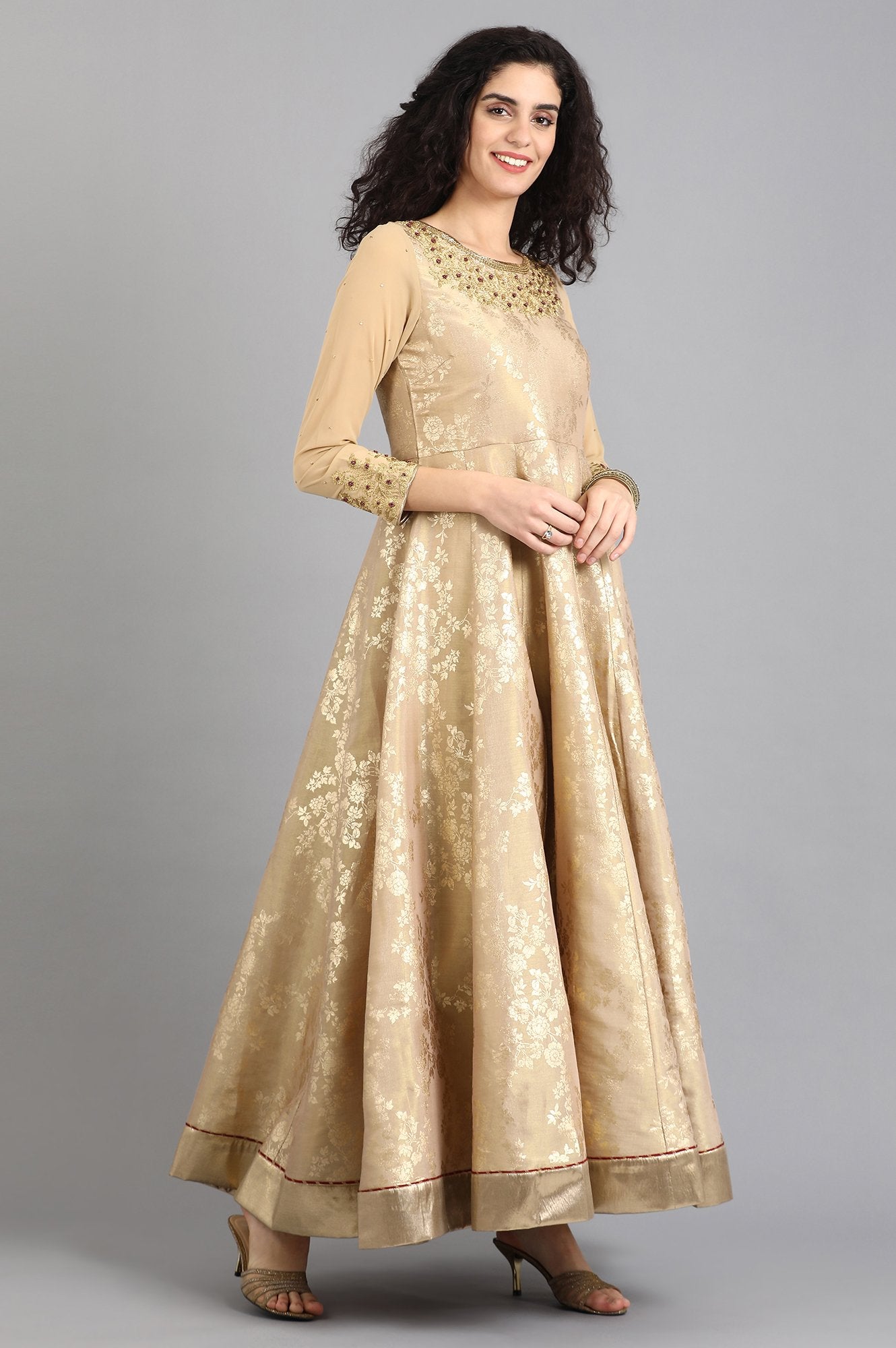 Beige Round Neck Printed Gown