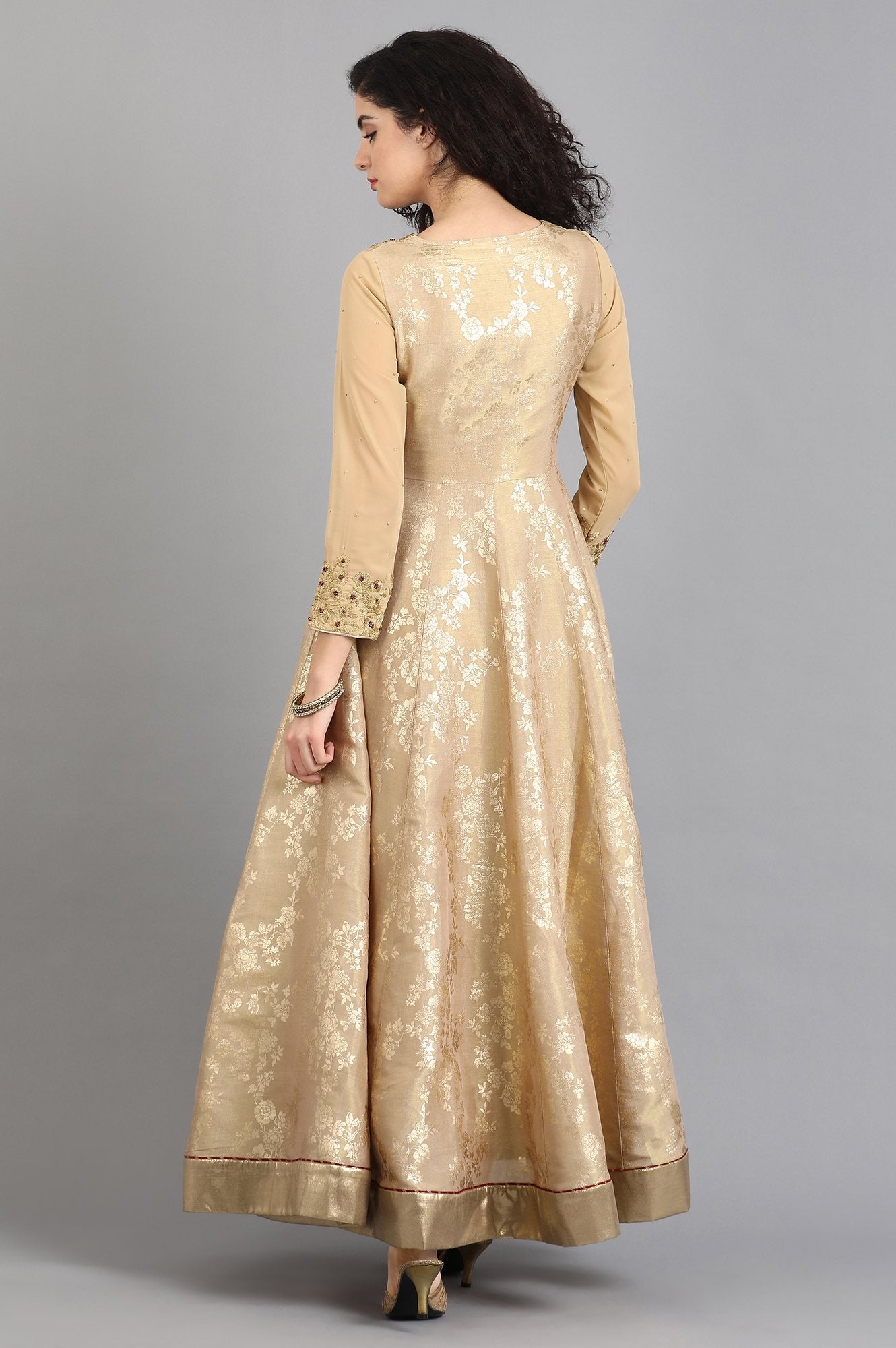 Beige Round Neck Printed Gown