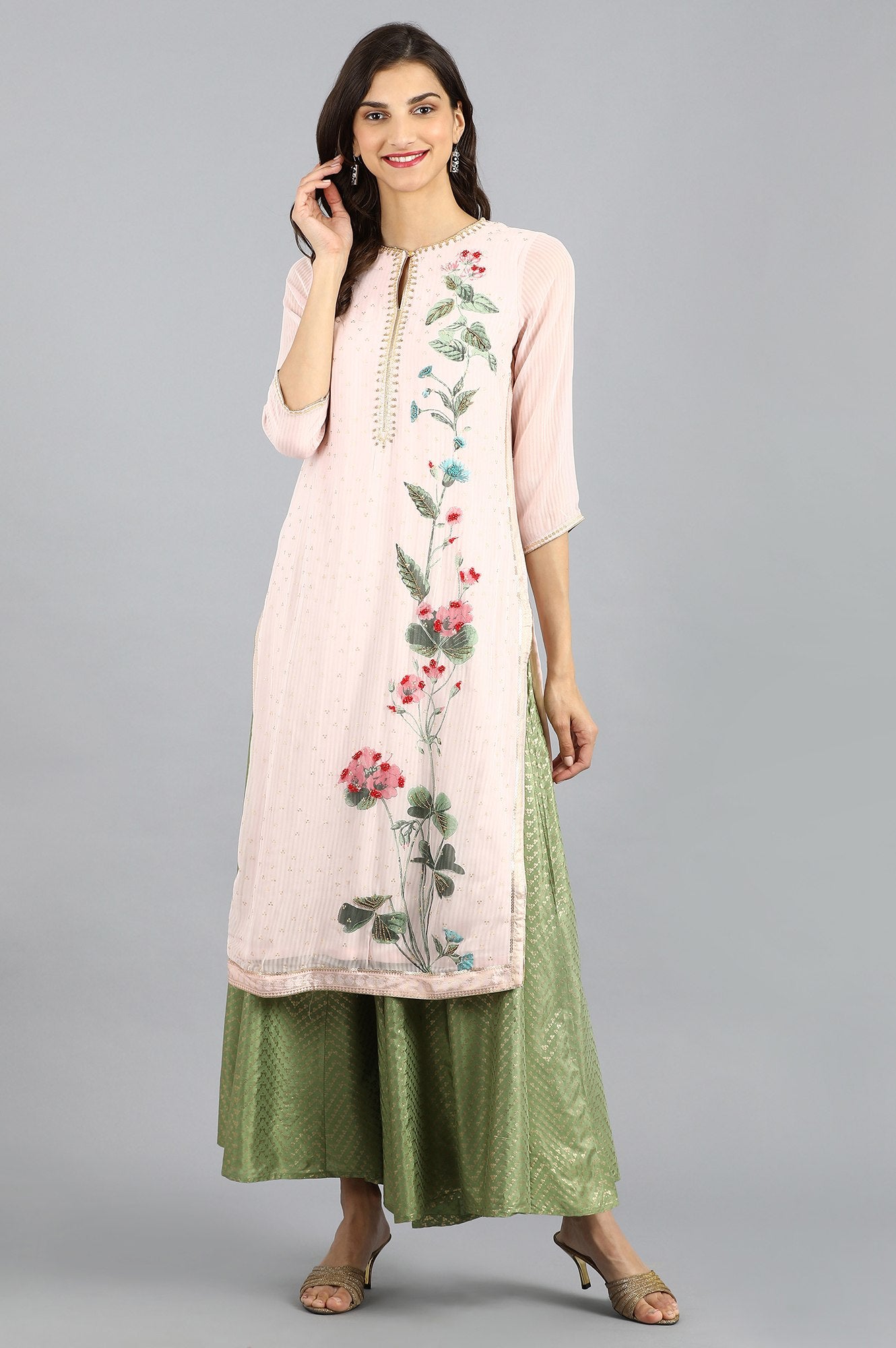 Pink Round Neck Floral Print kurta