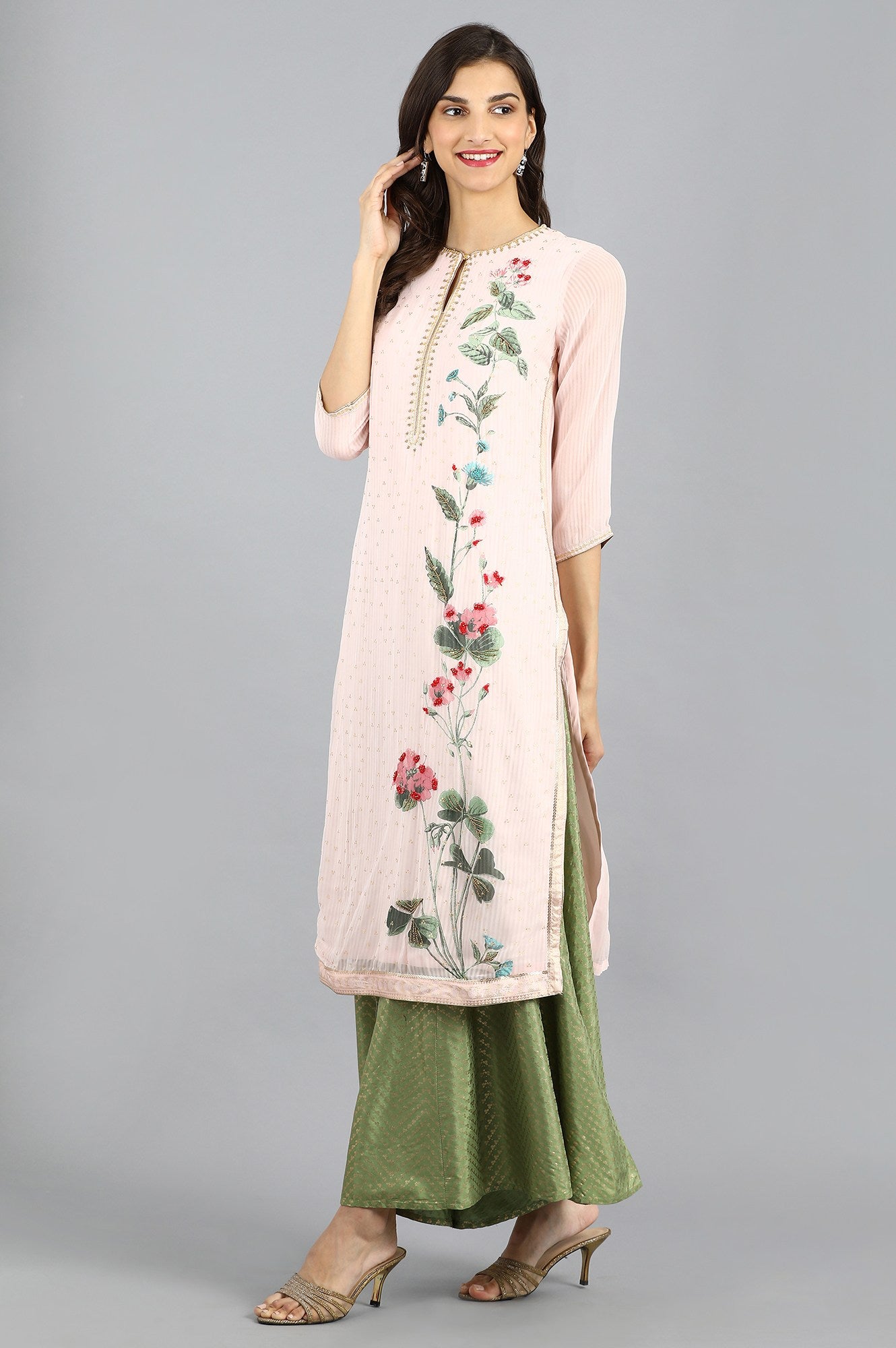 Pink Round Neck Floral Print kurta