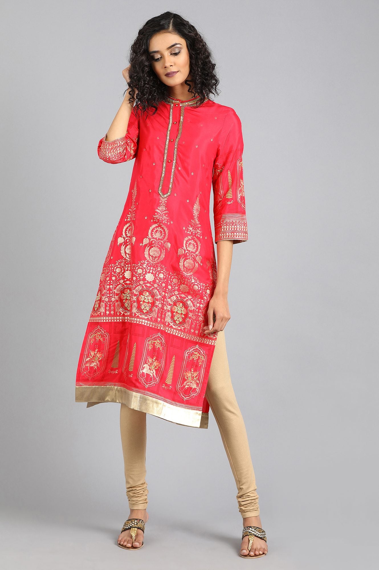 Pink Mandarin Neck Printed kurta