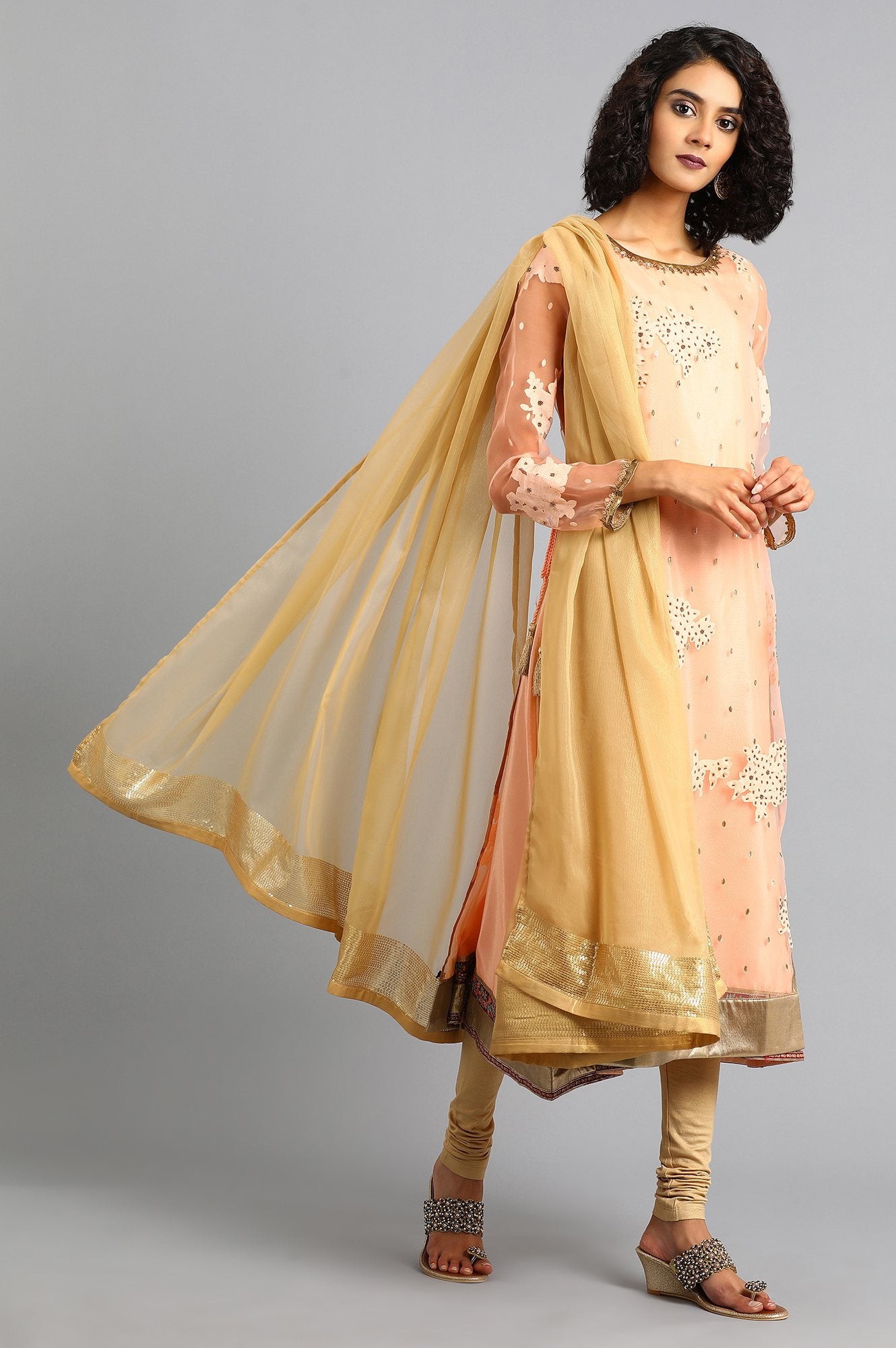 Peach Round Neck Printed kurta