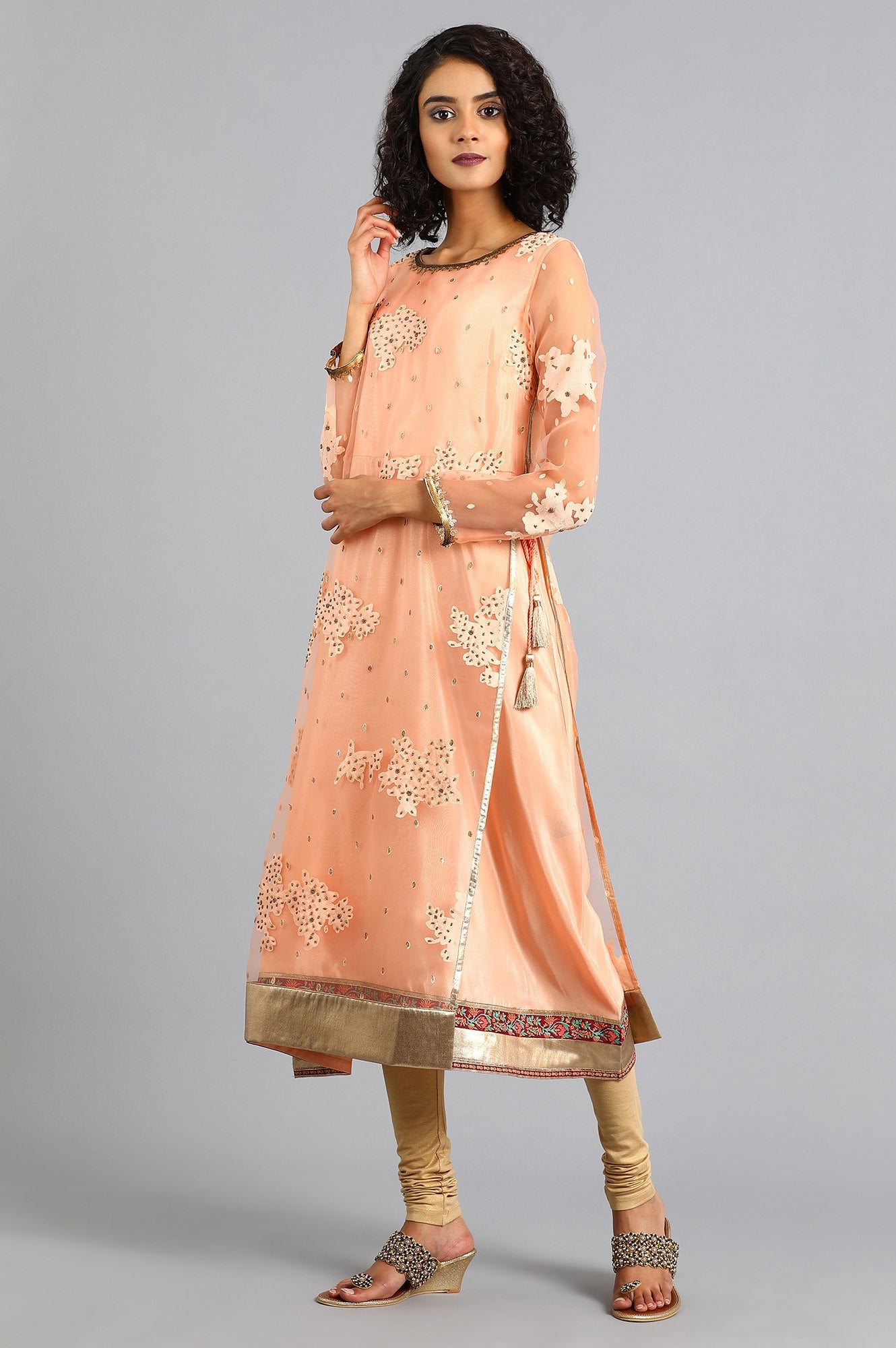 Peach Round Neck Printed kurta