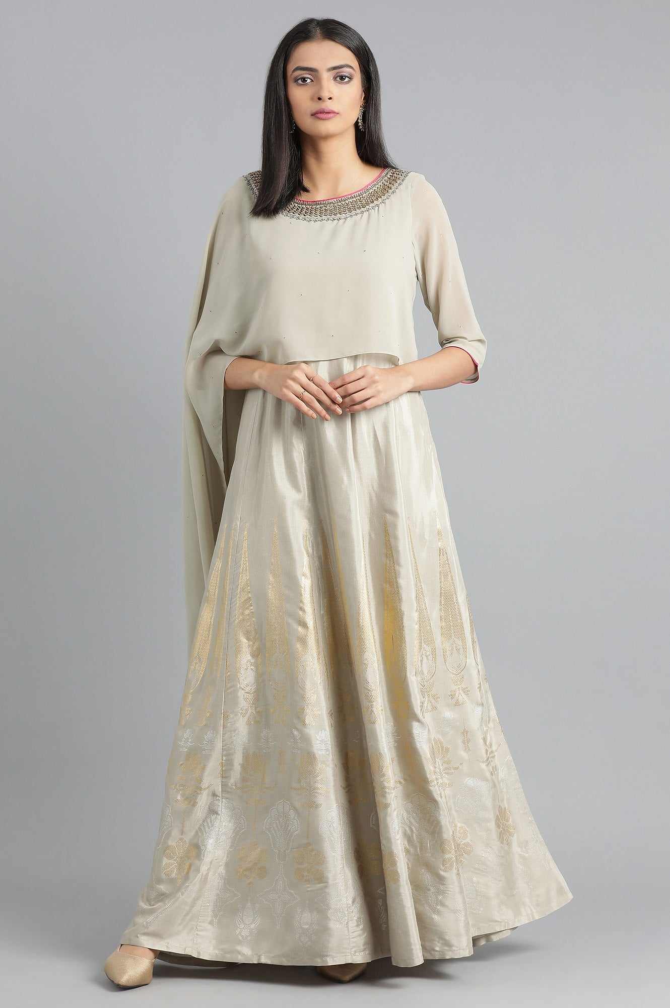 Grey Round Neck Cape Sleeves kurta