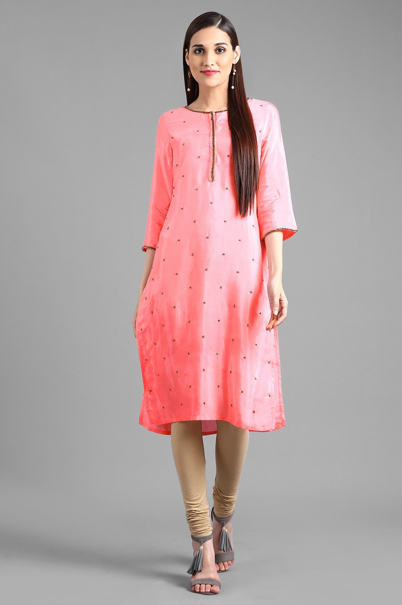 Pink Round Neck Solid kurta