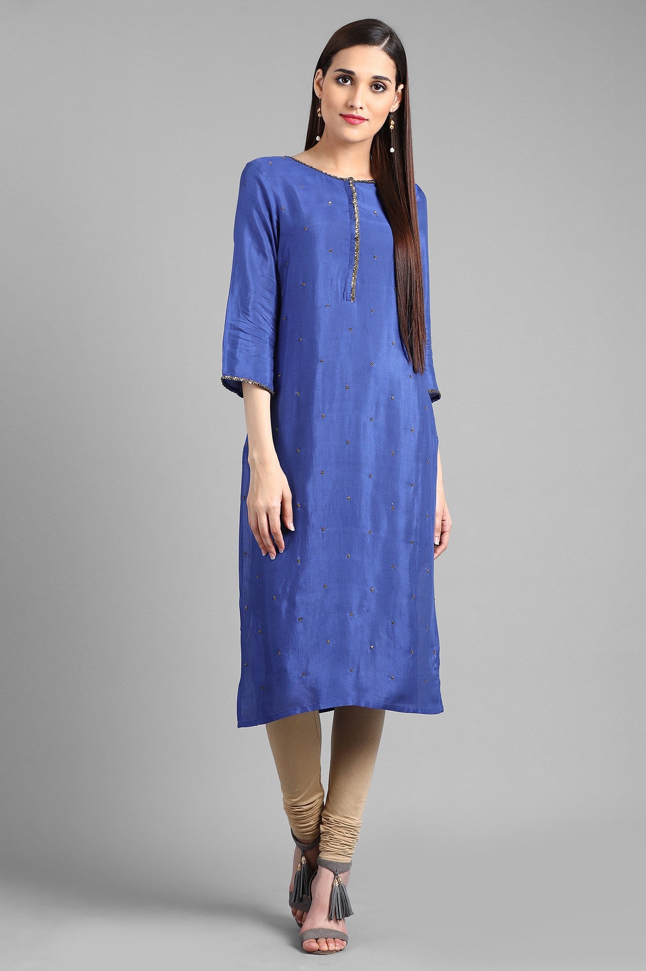 Blue Round Neck Solid kurta