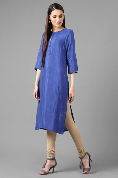 Blue Round Neck Solid kurta