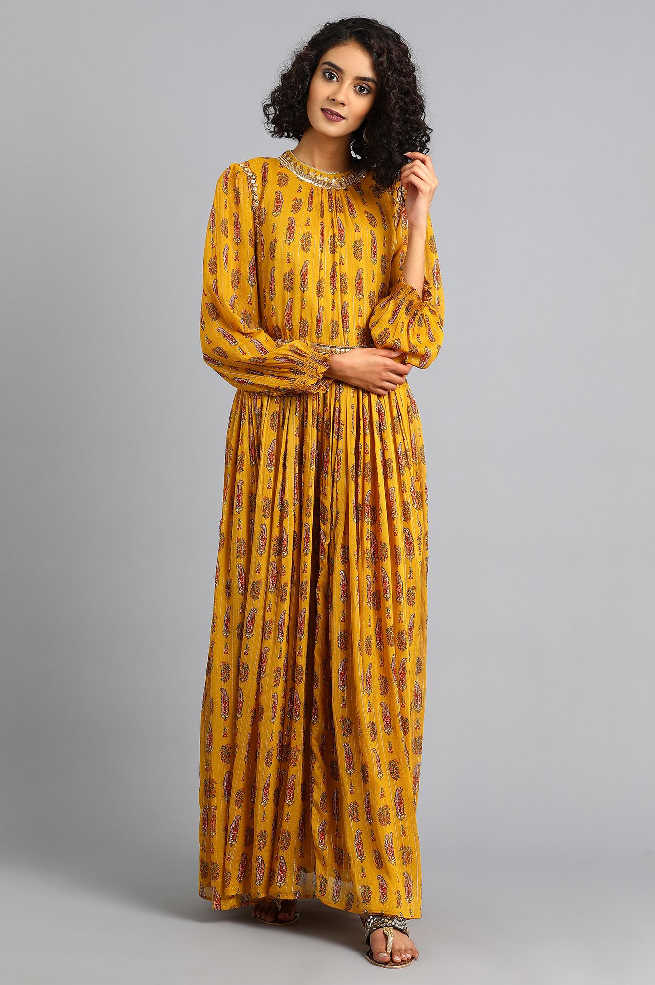 Yellow Mandarin Neck Printed kurta