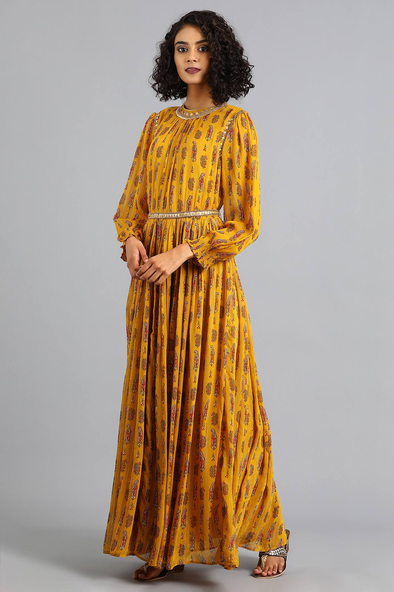 Yellow Mandarin Neck Printed kurta