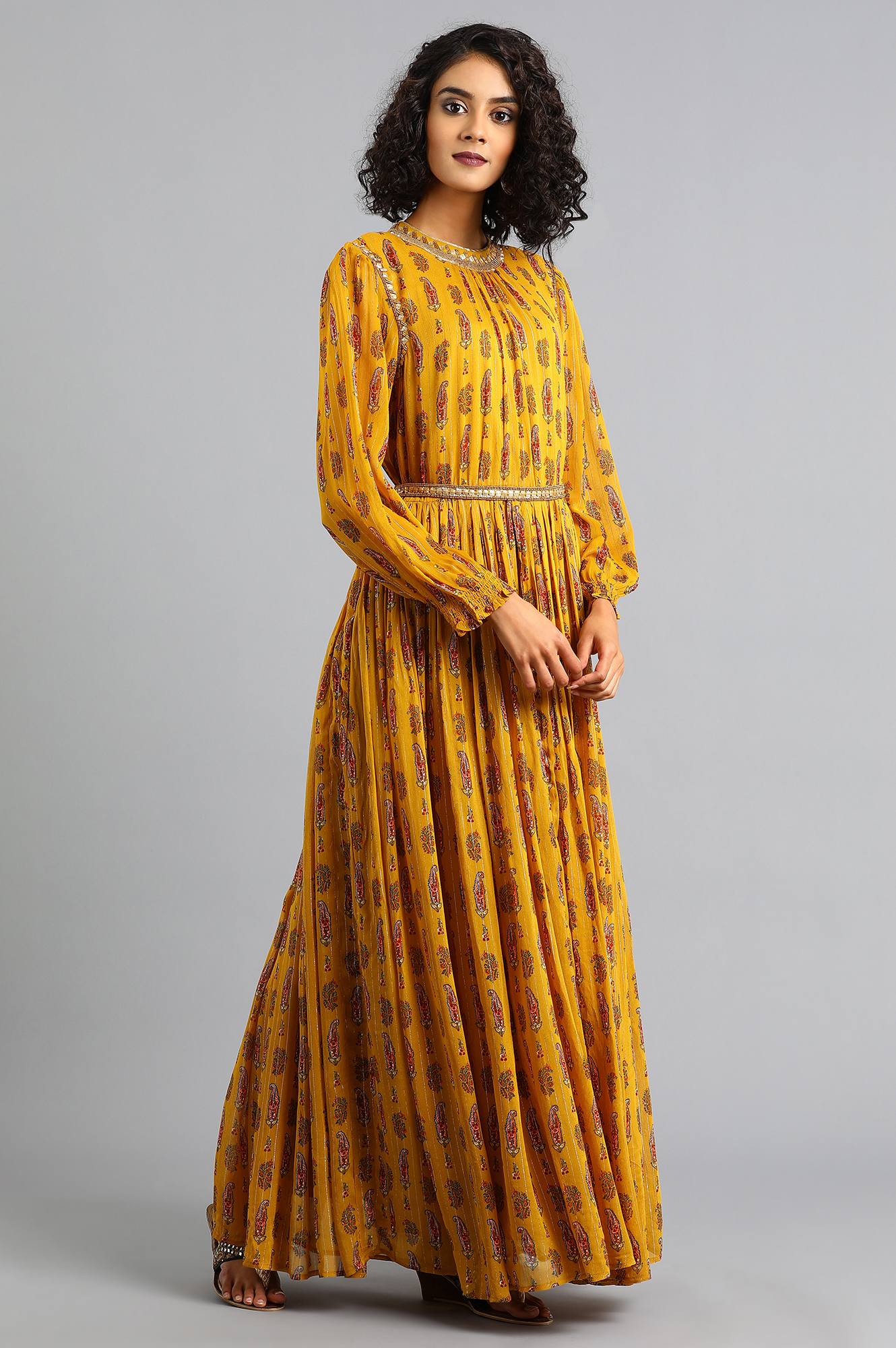 Yellow Mandarin Neck Printed kurta