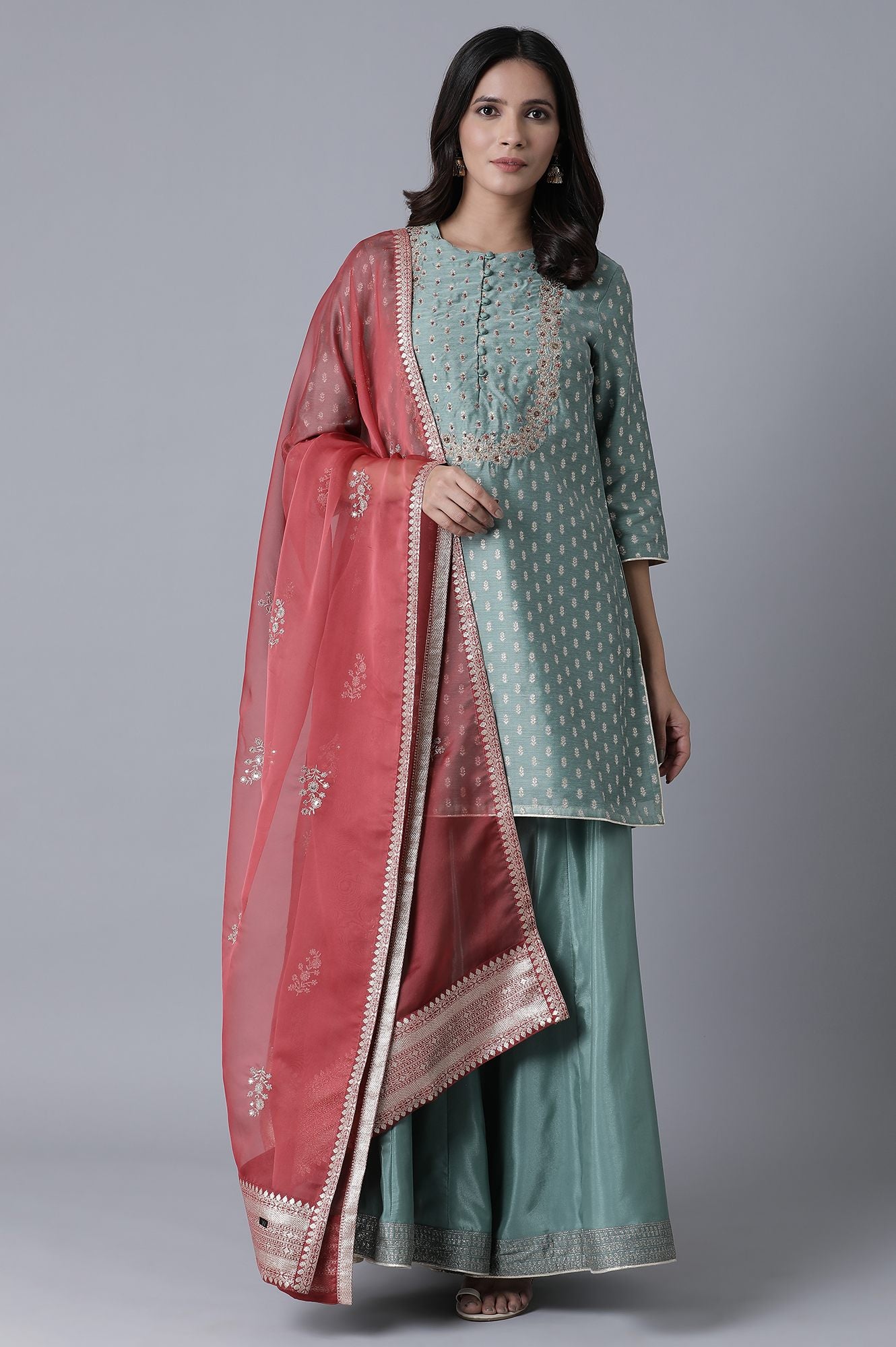 Teal Short kurta-Sharara-Drape Set