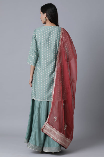 Teal Short kurta-Sharara-Drape Set