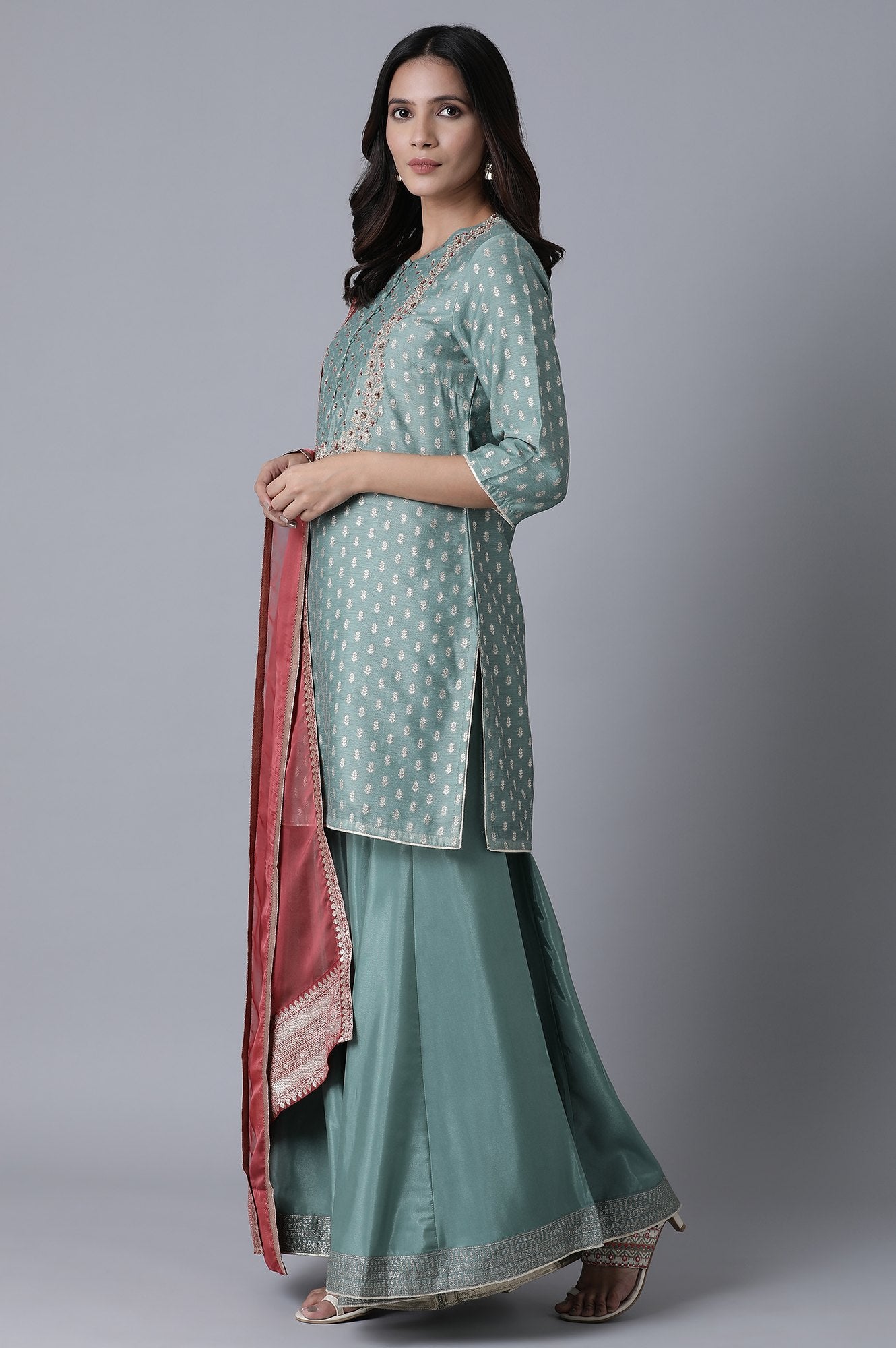 Teal Short kurta-Sharara-Drape Set