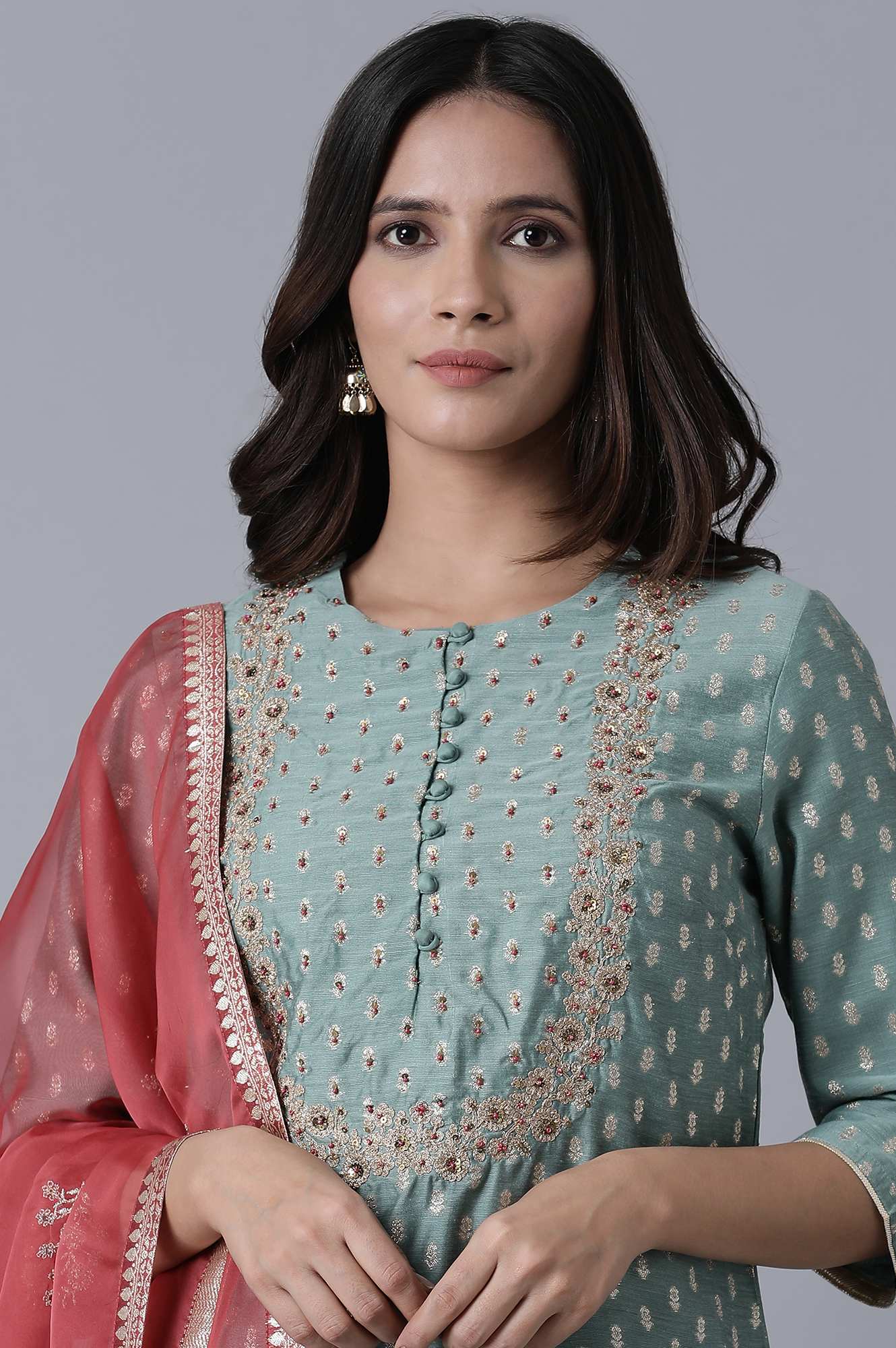 Teal Short kurta-Sharara-Drape Set