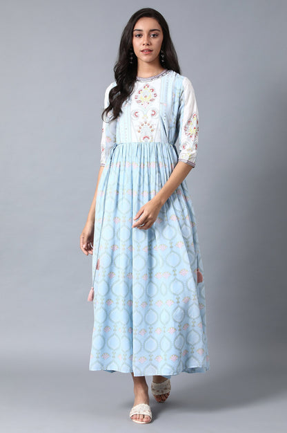 Blue Round Neck Gathered Dress