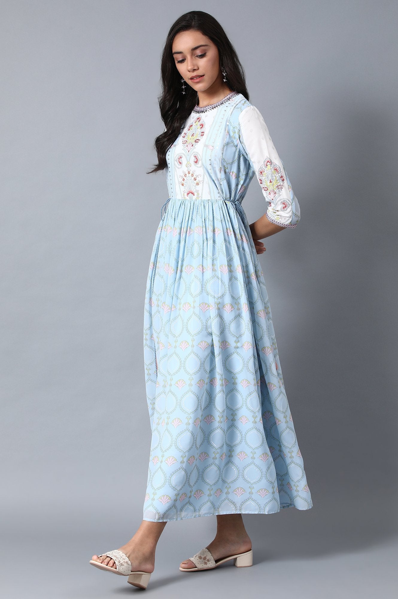 Blue Round Neck Gathered Dress