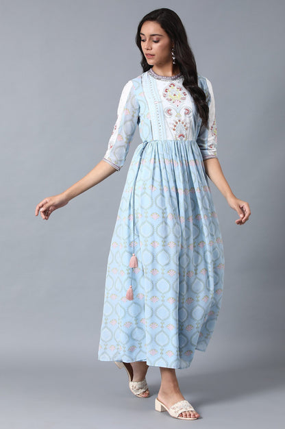 Blue Round Neck Gathered Dress