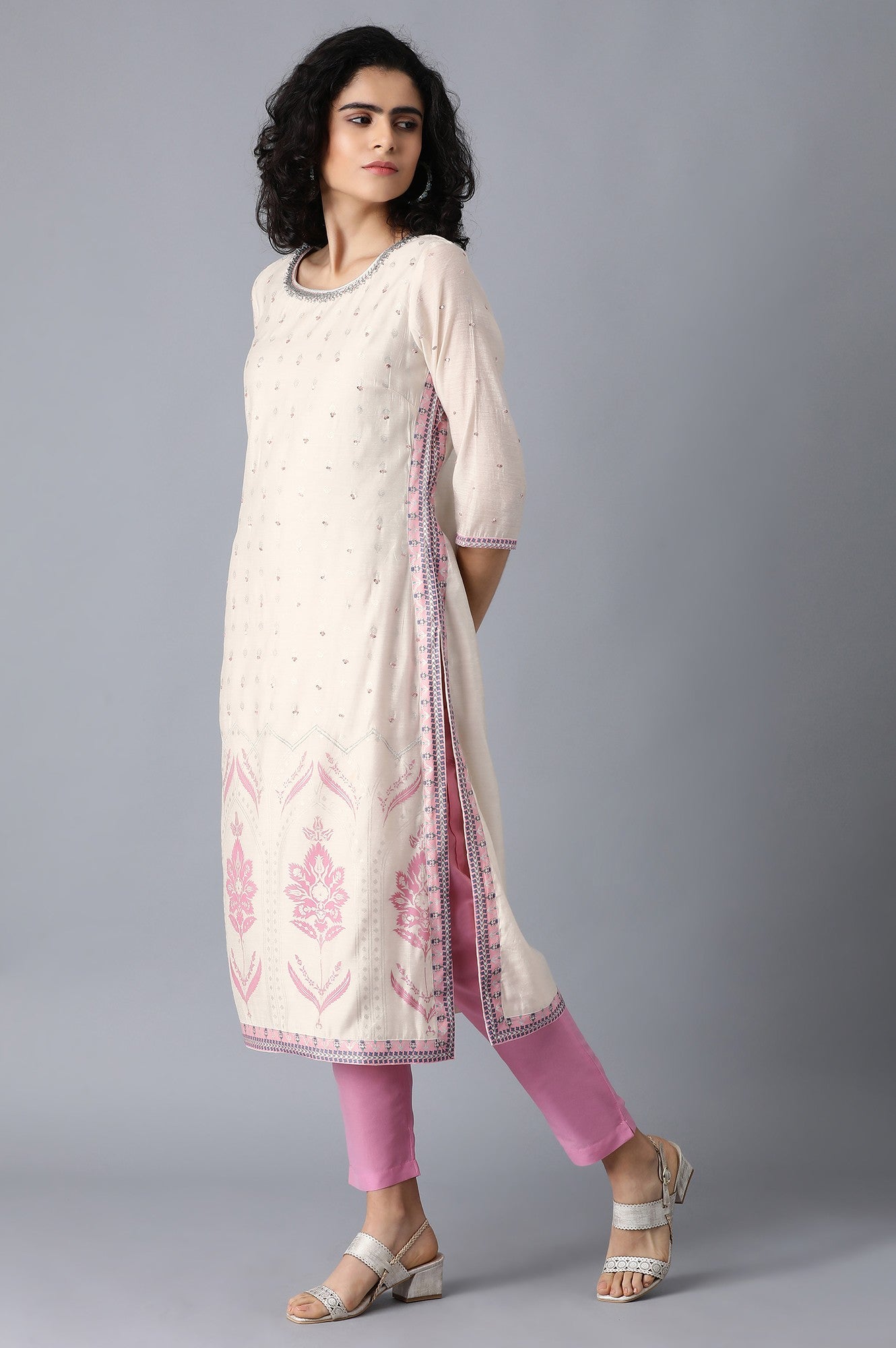 Ecru Round Neck Printed kurta