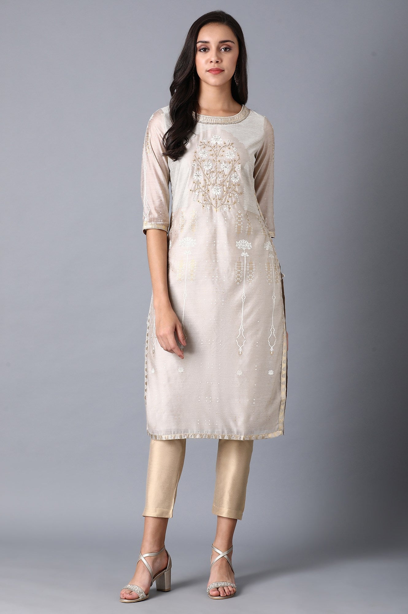 Beige Multicoloured Chanderi kurta