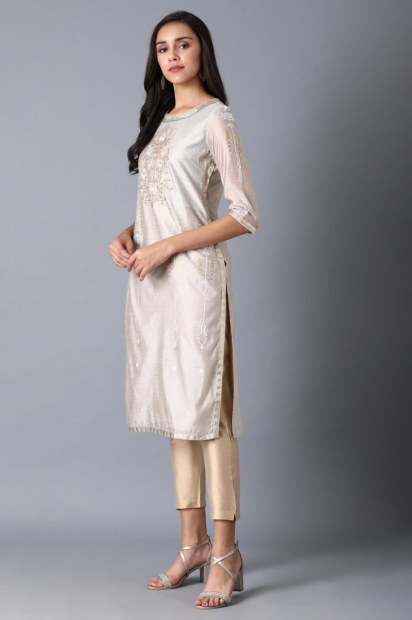 Beige Multicoloured Chanderi kurta