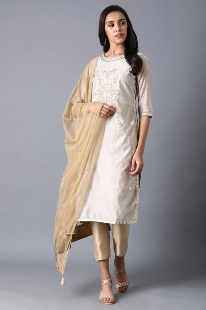 Beige Multicoloured Chanderi kurta