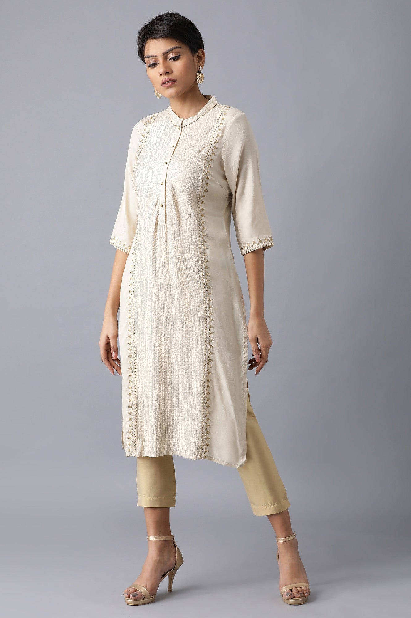 Beige Mandarin Neck Embroidered kurta