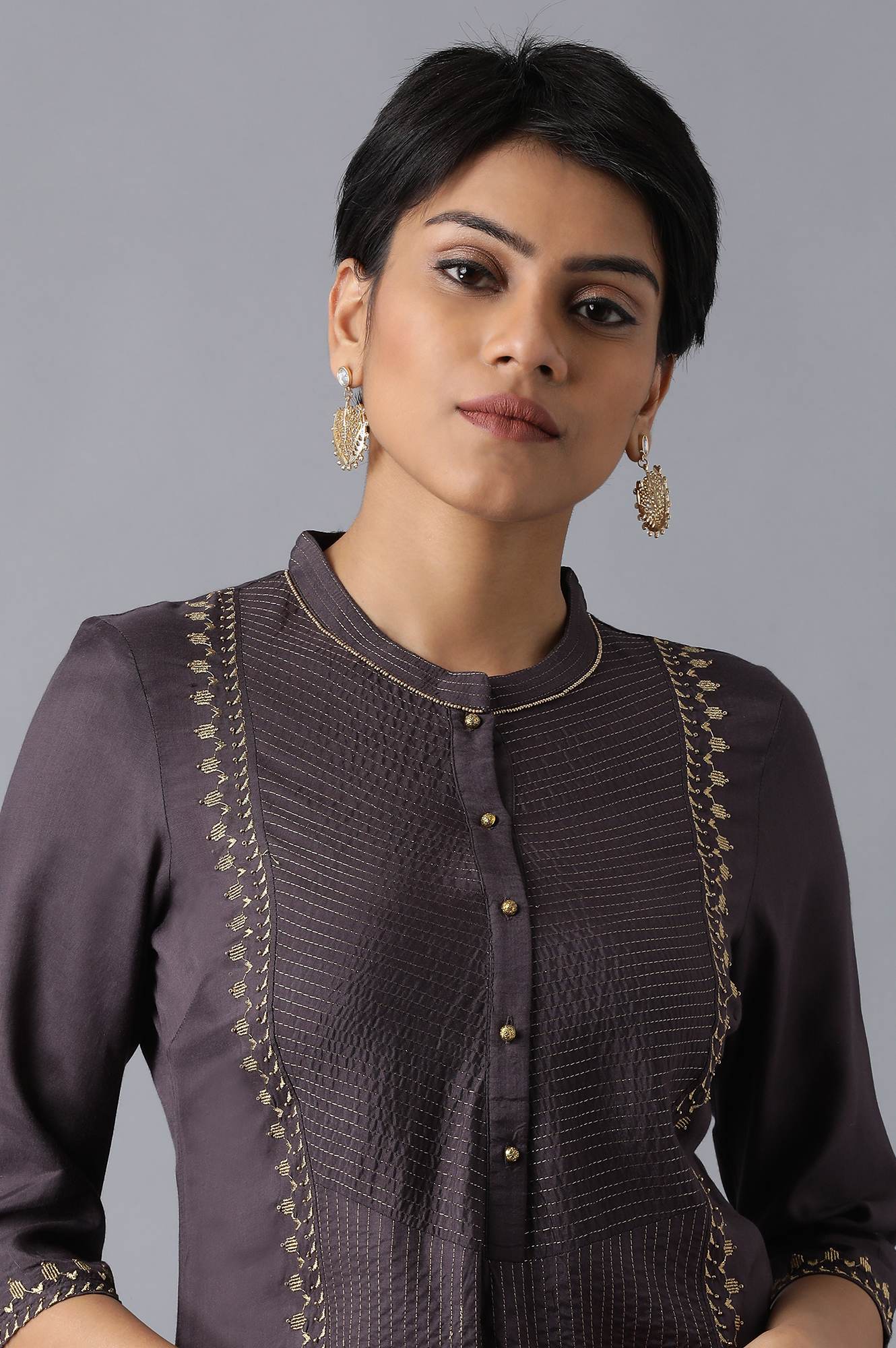 Charcoal Grey Mandarin Neck Embroidered kurta