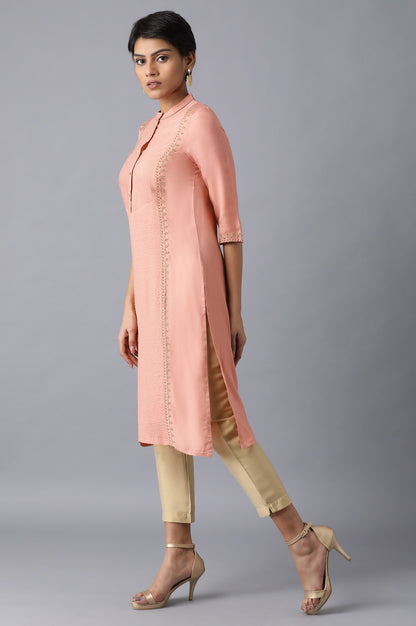 Peach Mandarin Neck Embroidered kurta