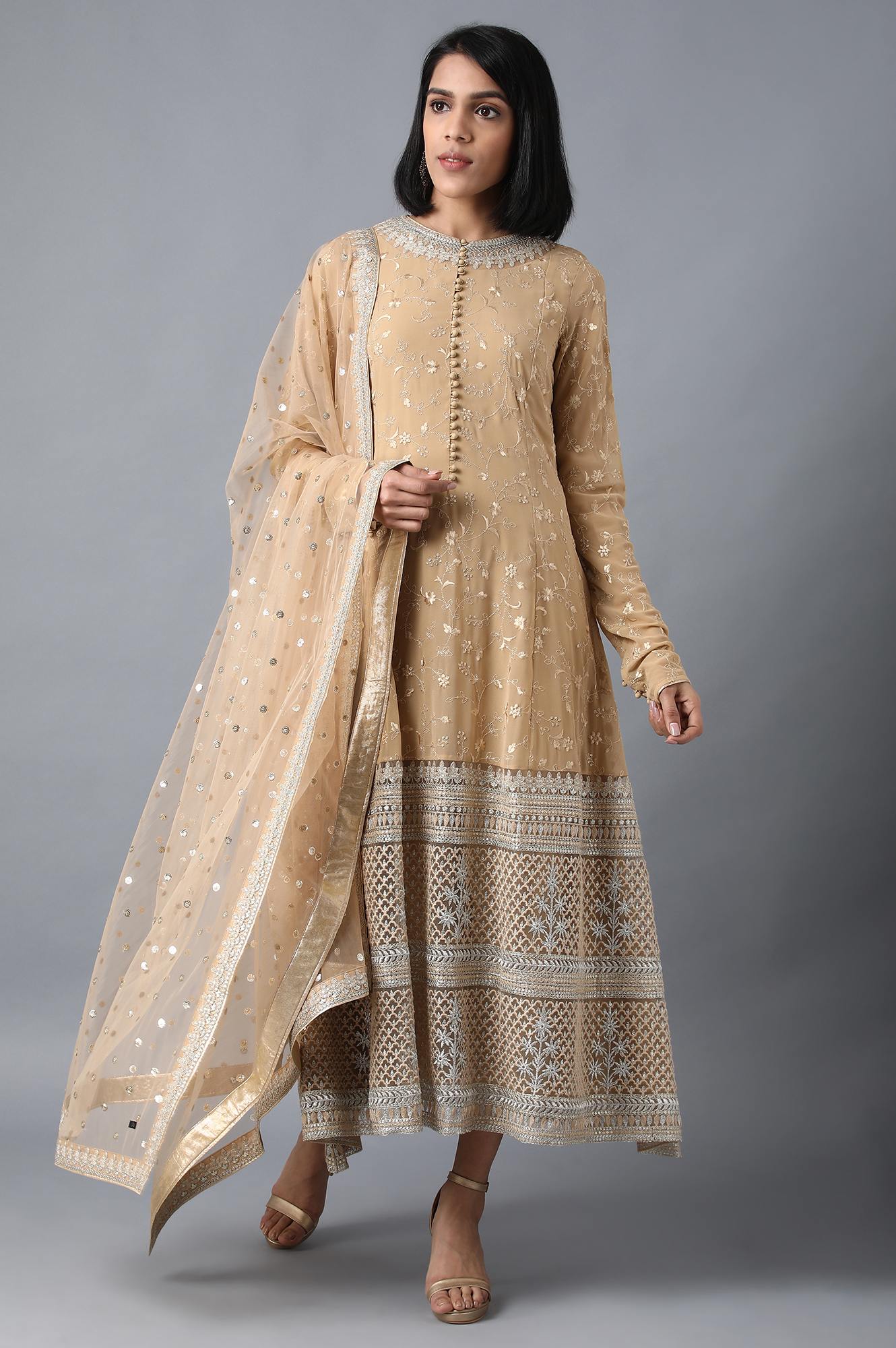 Beige Round Neck kurta Set