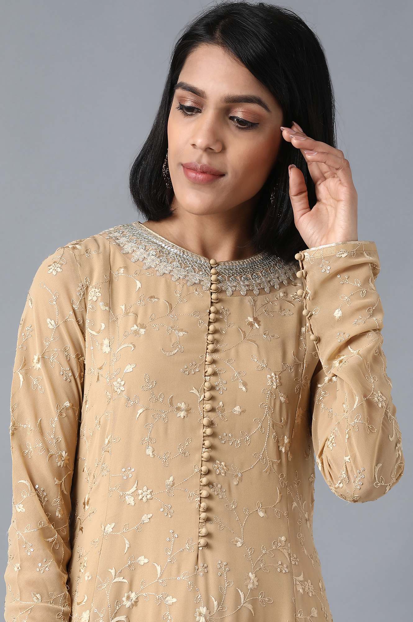 Beige Round Neck kurta Set