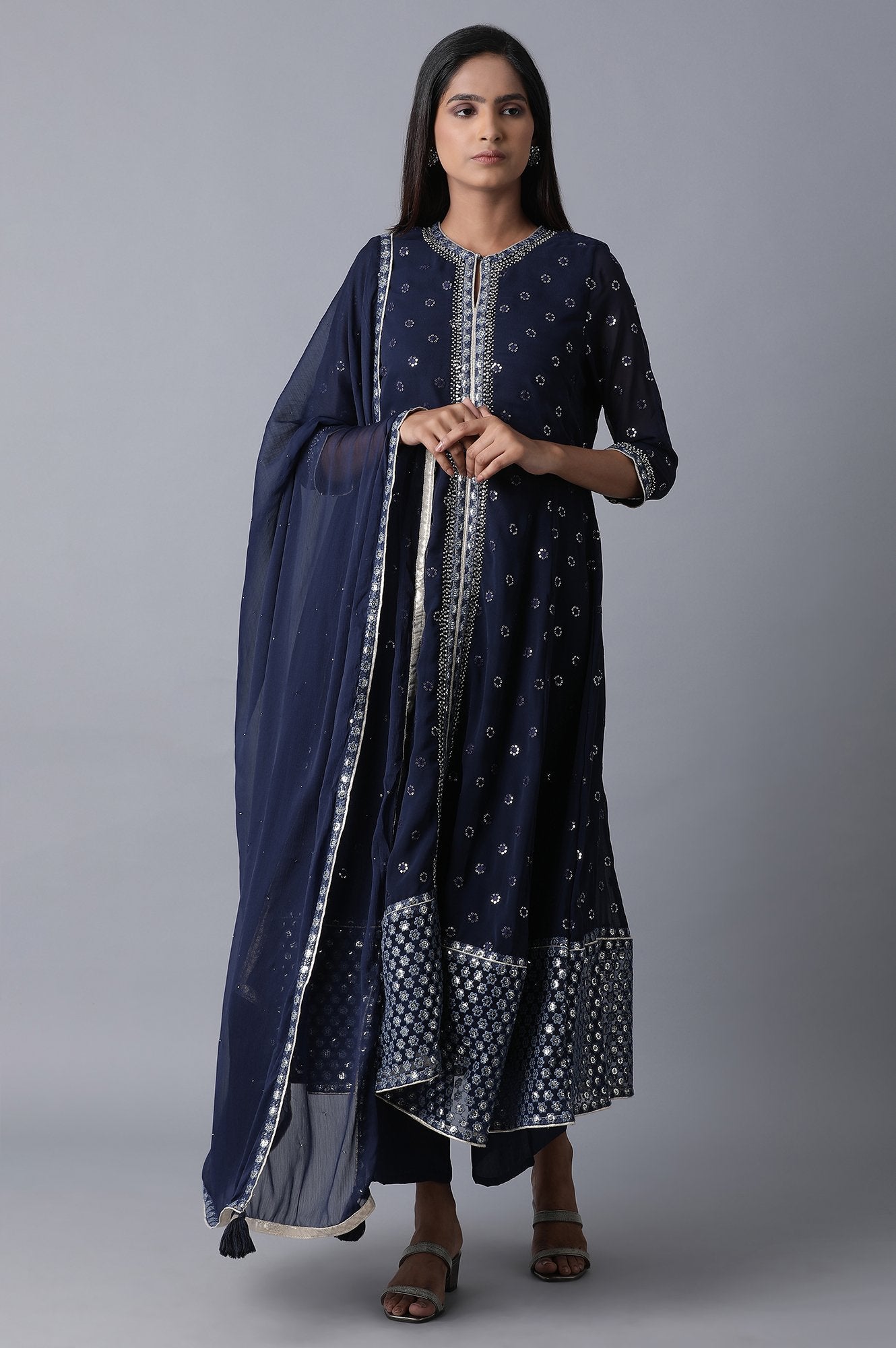 Blue Flared kurta-Pants-Drape Set