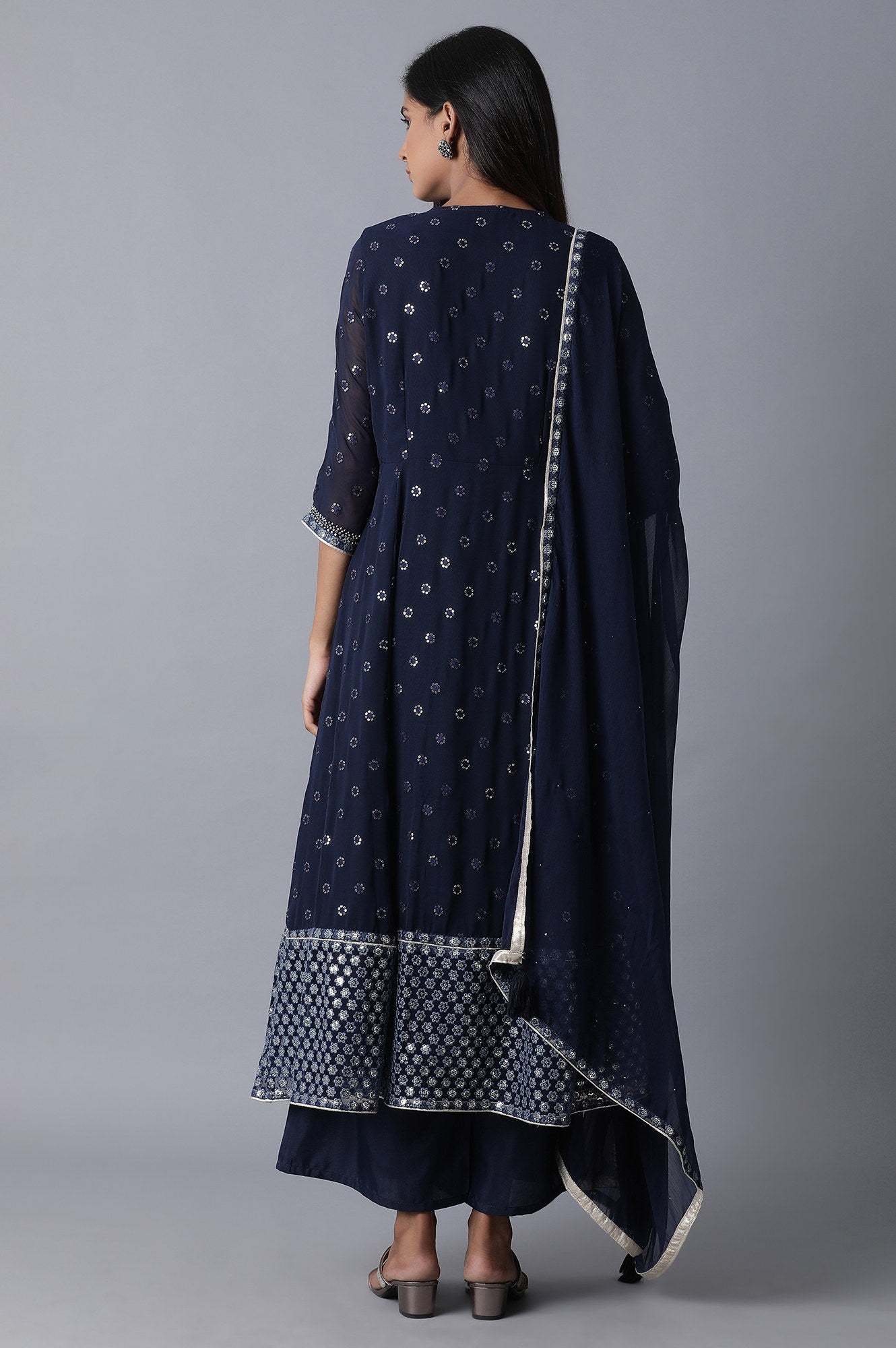 Blue Flared kurta-Pants-Drape Set