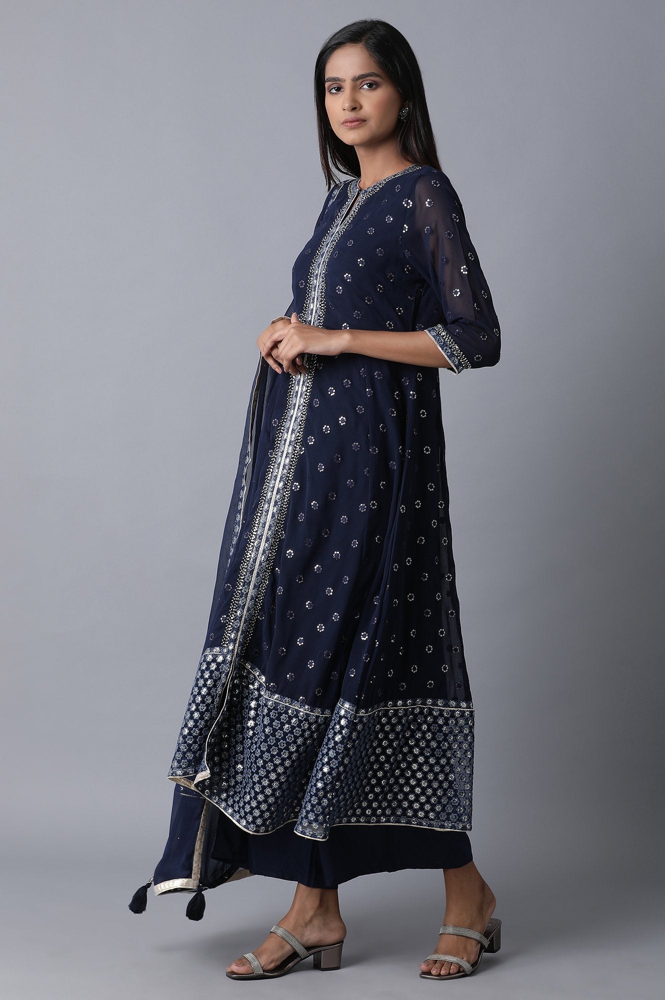 Blue Flared kurta-Pants-Drape Set