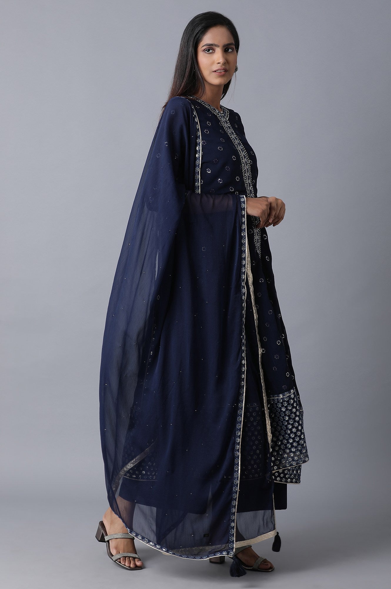 Blue Flared kurta-Pants-Drape Set