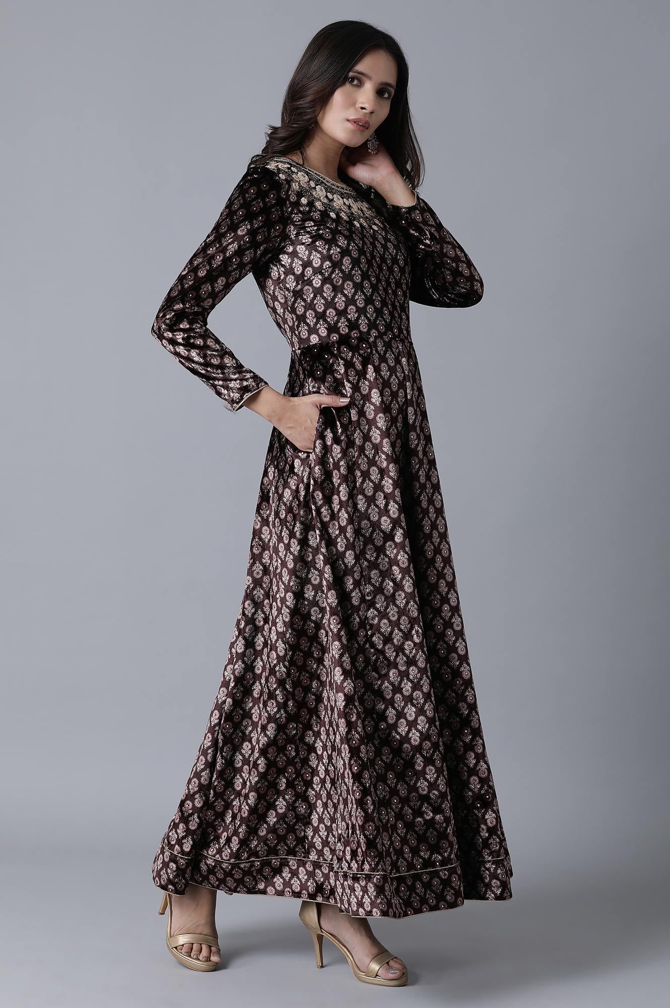 Glam Brown Embroidered Dress