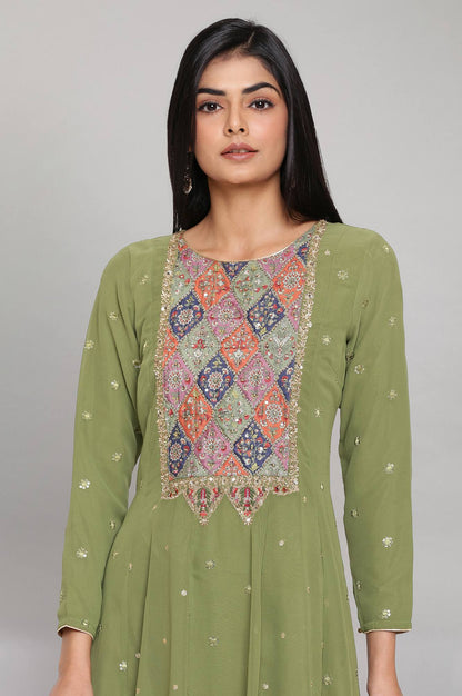 Green Embroidered Panelled Mughal Festive Gown