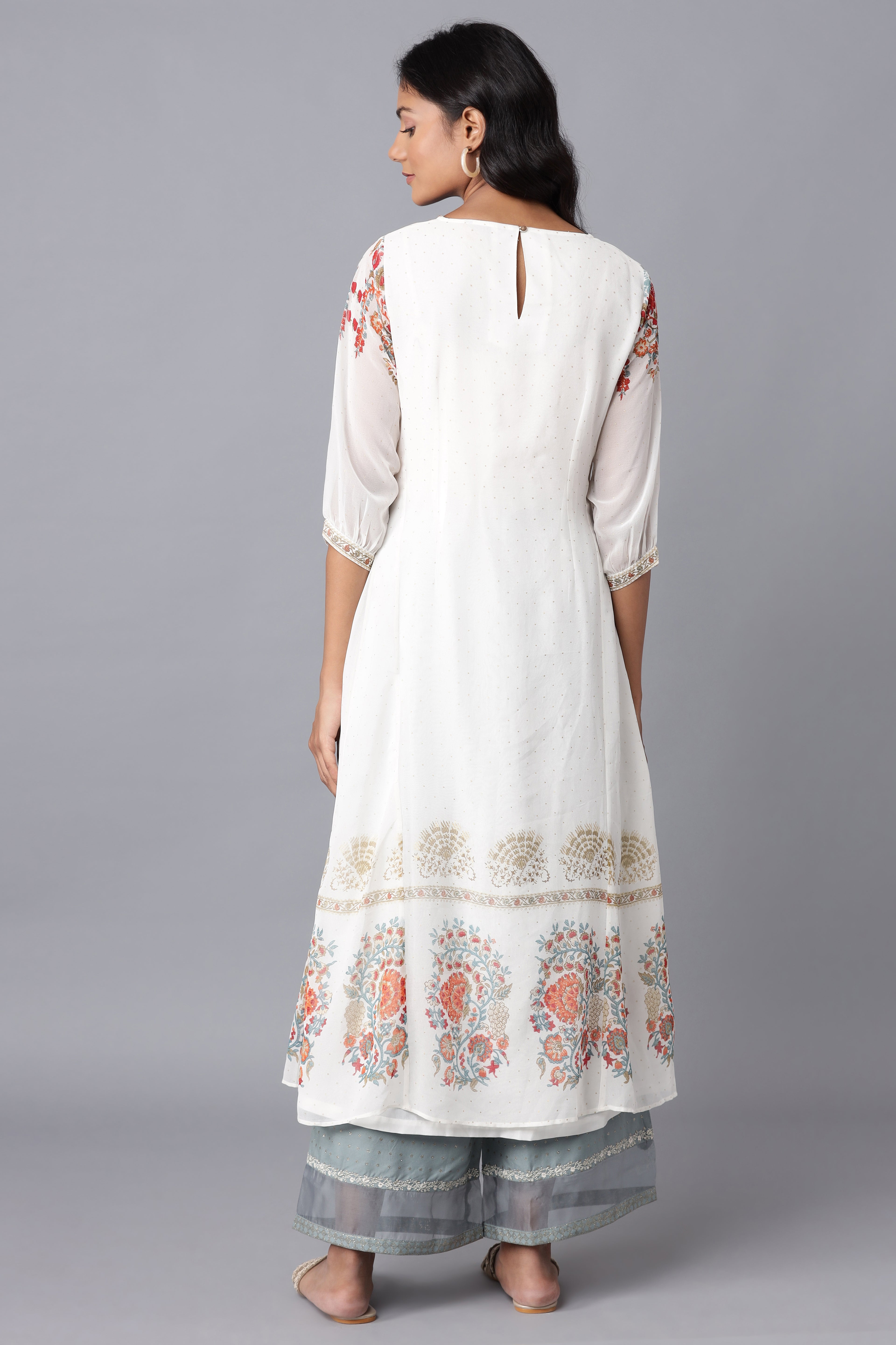 Ecru Floal Print Panelled A-line kurta