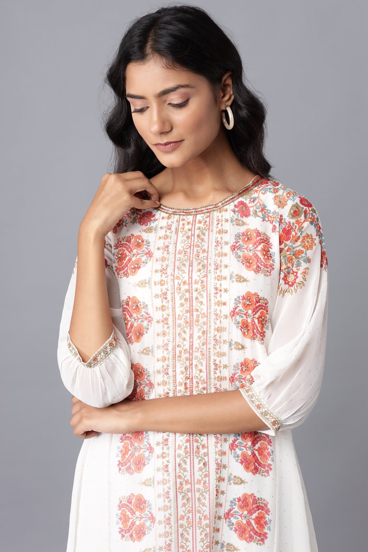 Ecru Floal Print Panelled A-line kurta