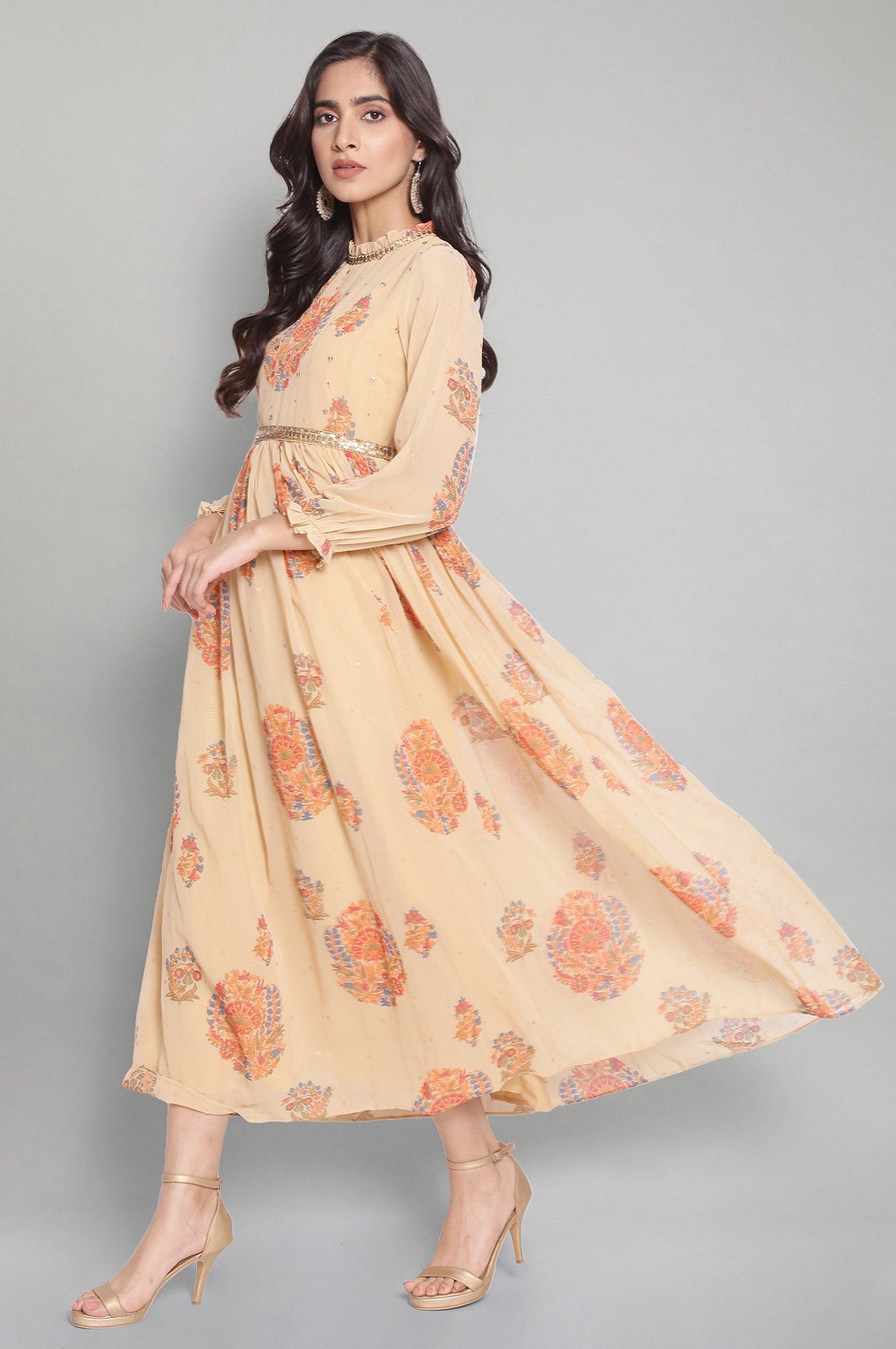 Yellow Floral Print Flared Victorian Dress