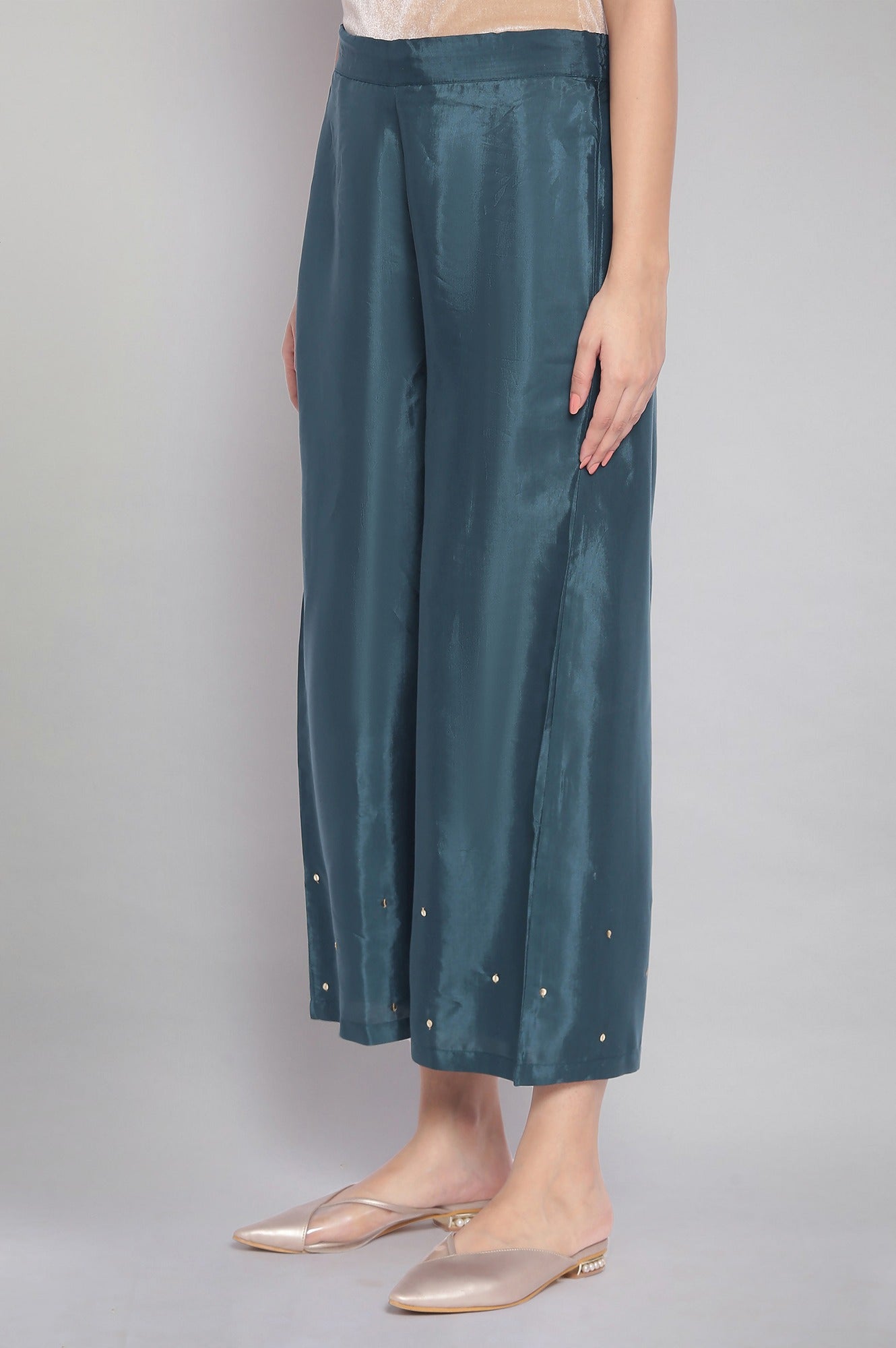 Green Sequinned Solid Parallel Pants