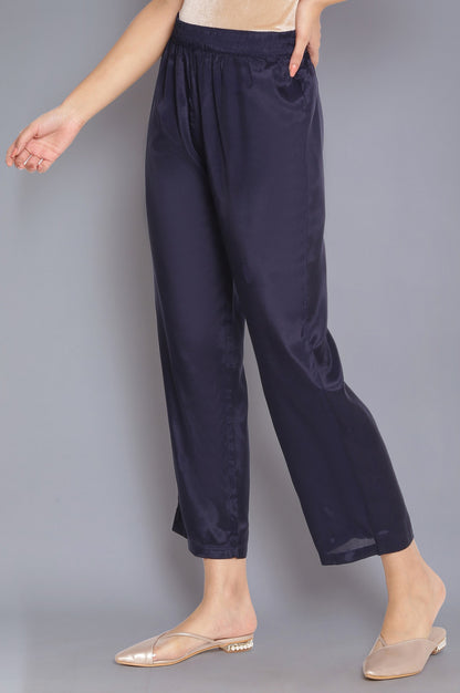 Navy Blue Solid Straight Pants