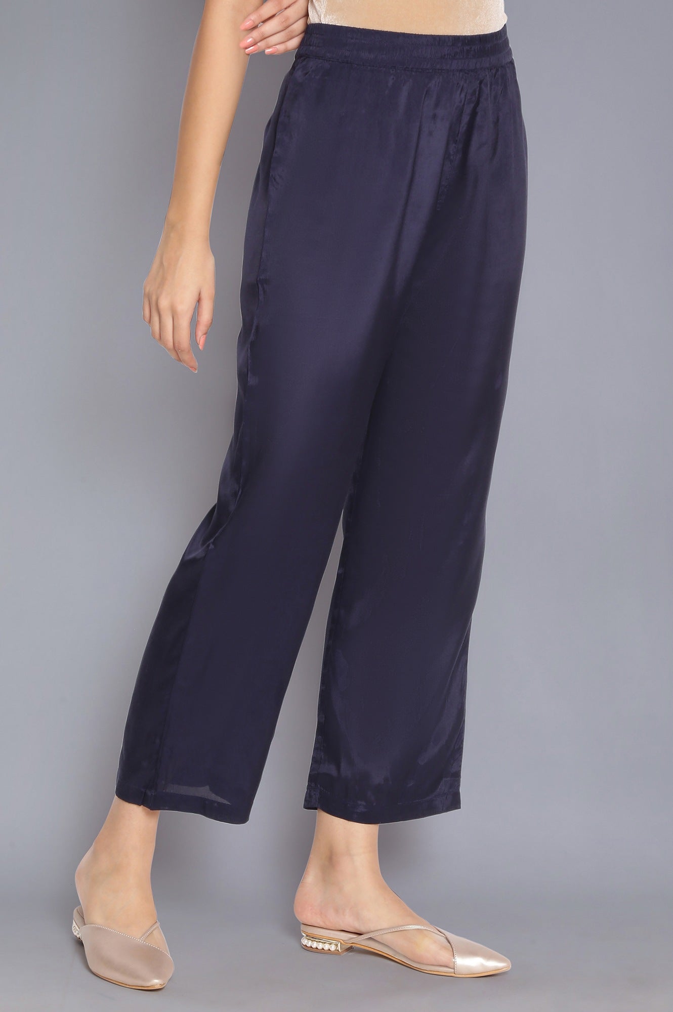 Navy Blue Solid Straight Pants