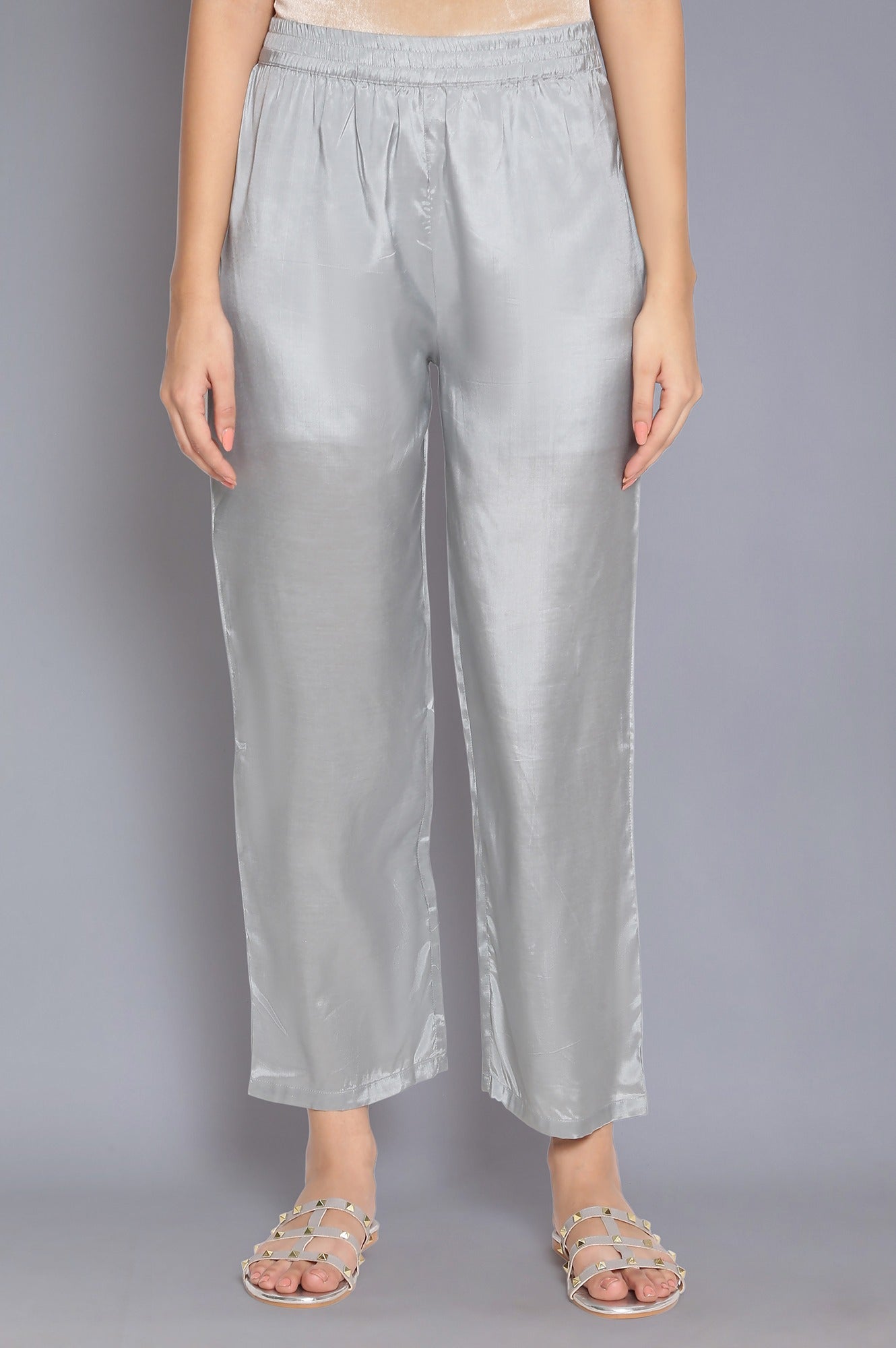 Grey Solid Straight Pants