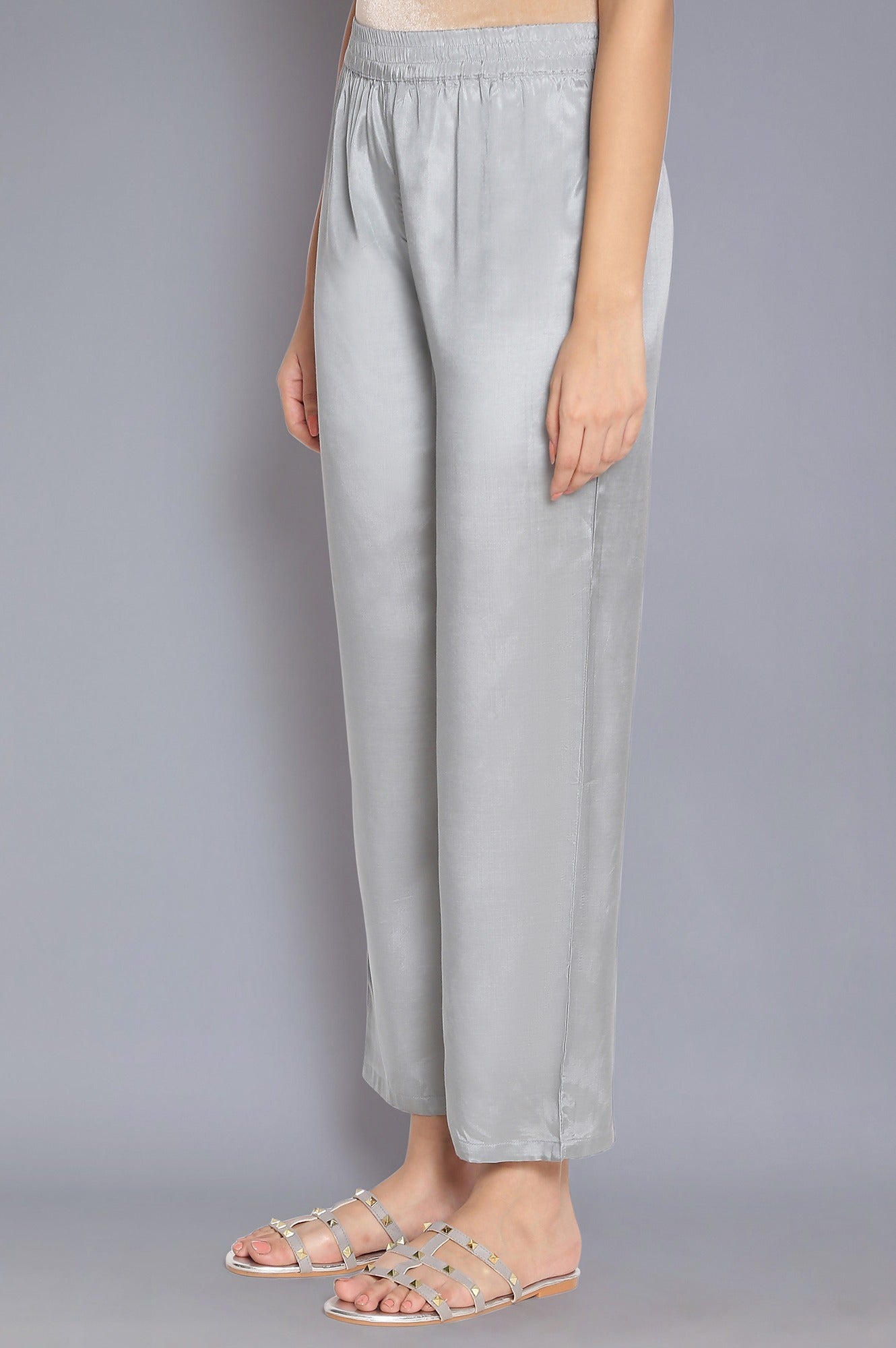 Grey Solid Straight Pants