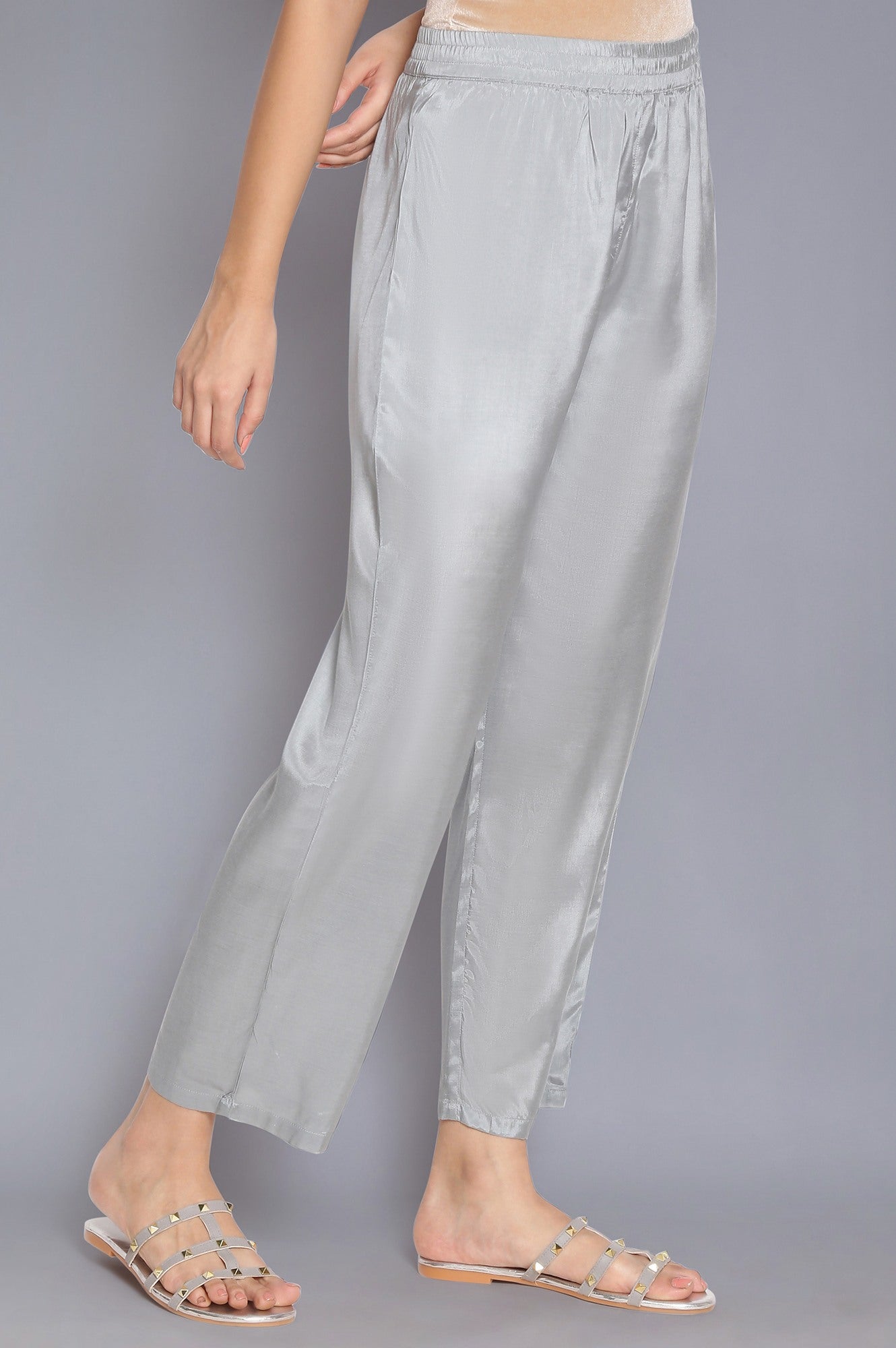 Grey Solid Straight Pants