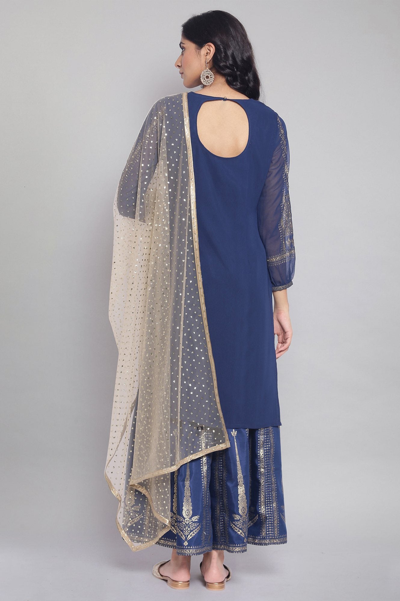 Ishin Women's Navy Blue Silk Embroidered Kurta Sharara Dupatta Set - 3-Piece Traditional Ethnic Outfit (Small)