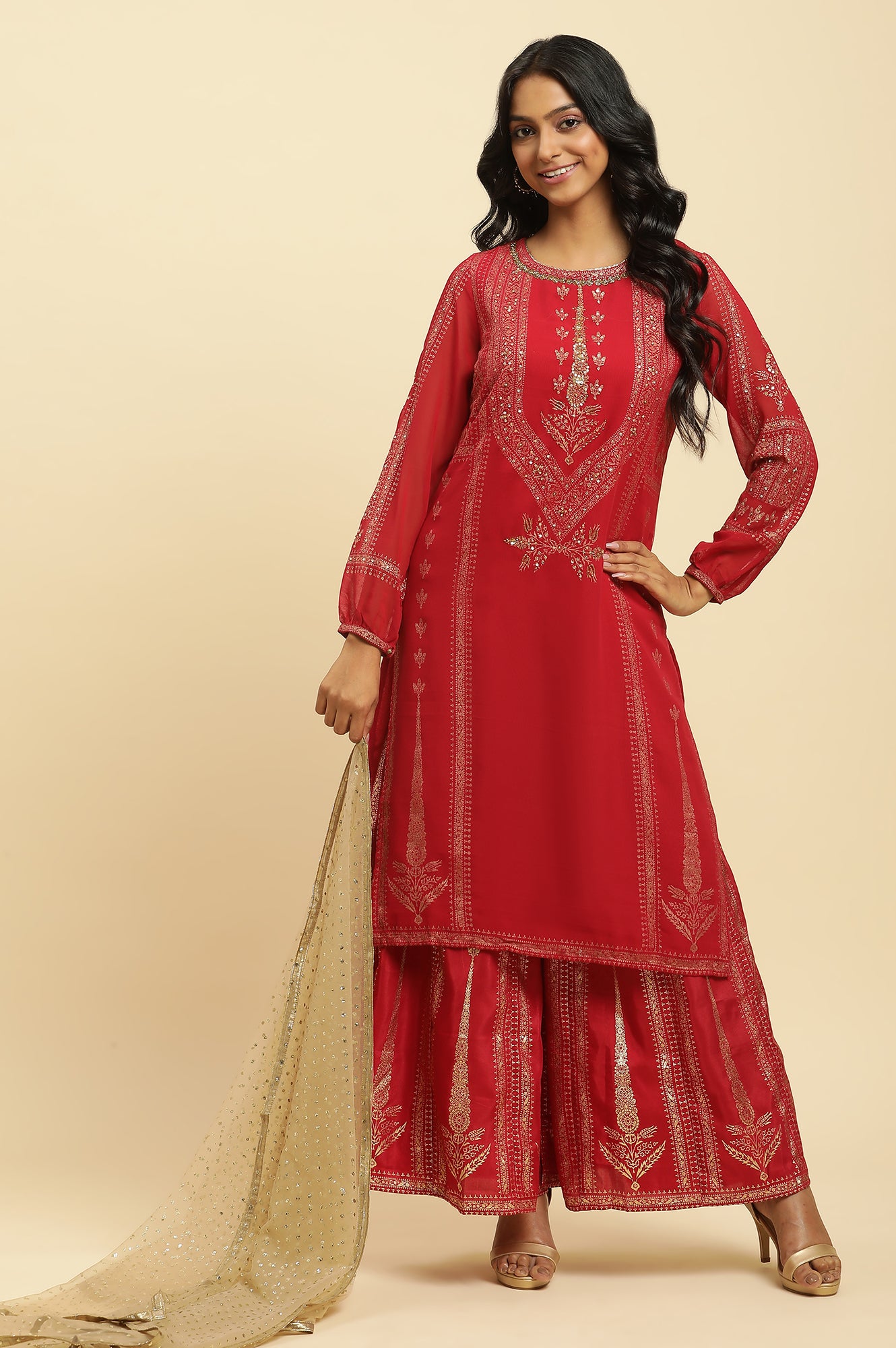 Red Floral Print Kurta-Sharara-Dupatta Set